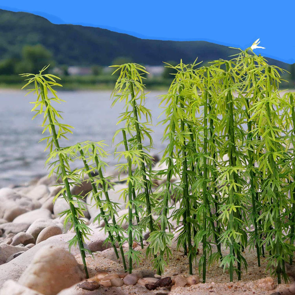 Woohome Model Bamboo Trees, 30 PCS Miniature Bamboo Trees Landscape Green Plastic Bamboo Trees and 2 PCS Artificial Moss Rocks Fake Moss Rocks for Home Decoration, Fairy Gardens