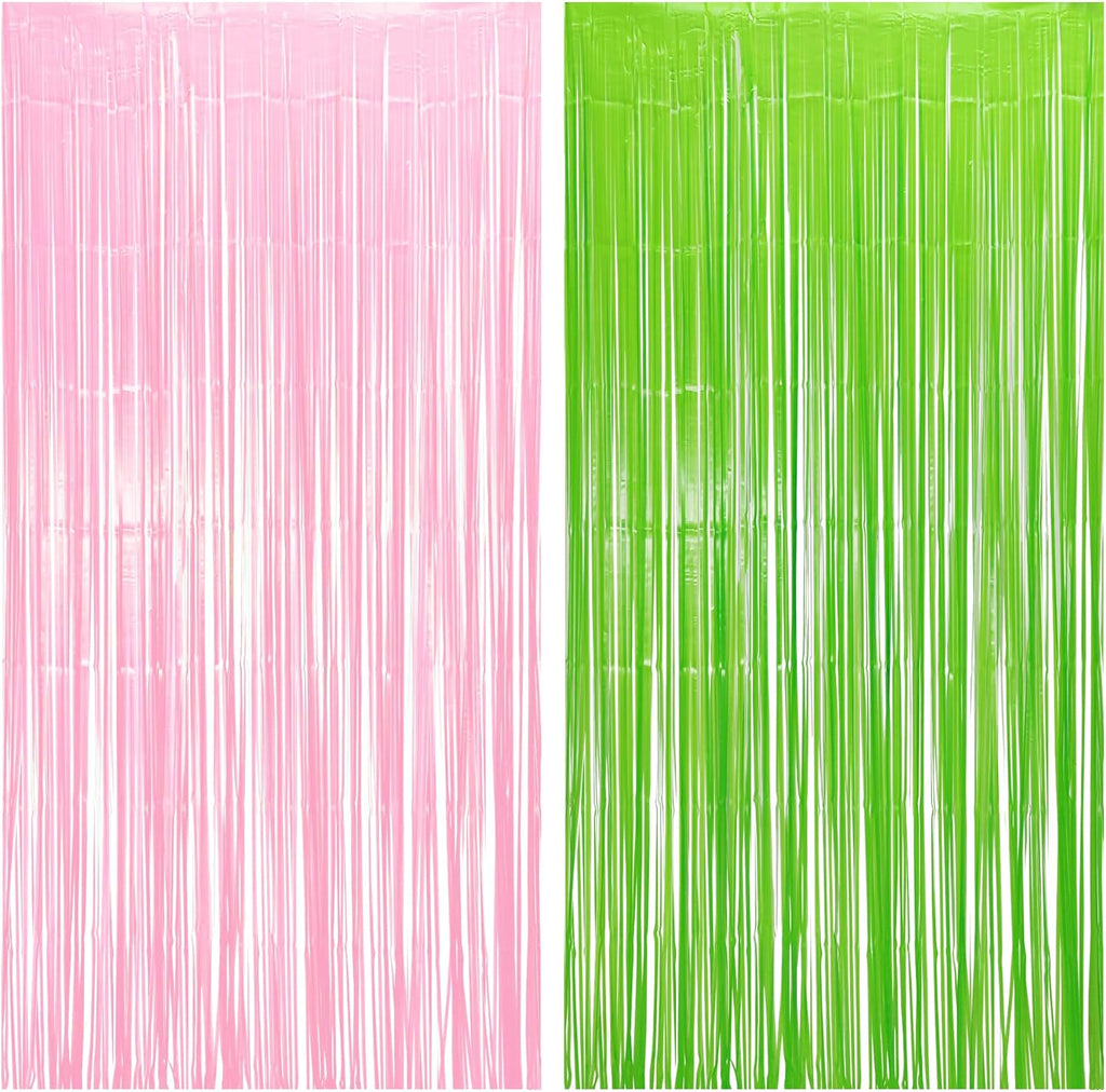 BRAVESHINE Party Streamers Backdrop - 2 Pack 3.2ft X 8.2ft Tinsel Foil Fringe Curtains for Christmas/Fairy/Girl/Birthdays/Wizard/Bridal/Baby Shower/Photos Booths/Pink and Green Party Decorations