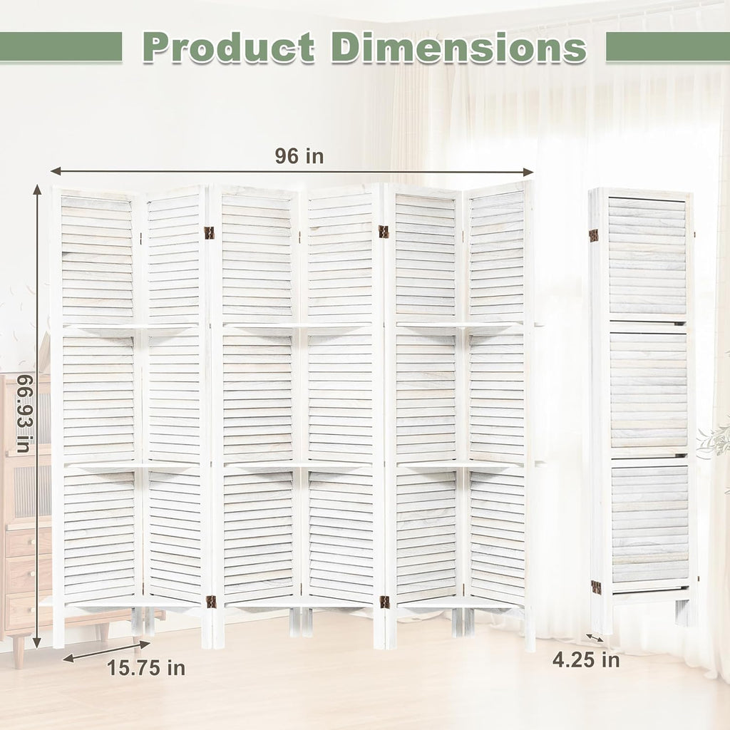 6 Panel Room Divider with Shelves Privacy Screen Partition Wooden Folding Divider for Room Separation Freestanding Room Divider for Home Office, Studio and Apartment, Faded White