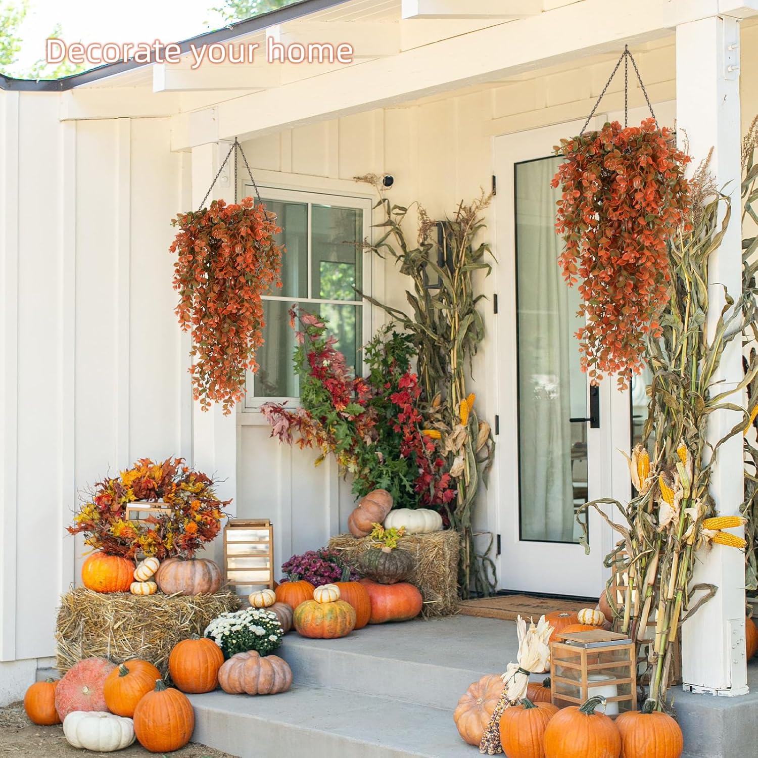 RECUTMS Artificial Fall Flowers Artificial Hanging Plants Faux Autumn Plants Faux Hanging Plants Fake for Indoor Outdoors,No Basket (Orange)