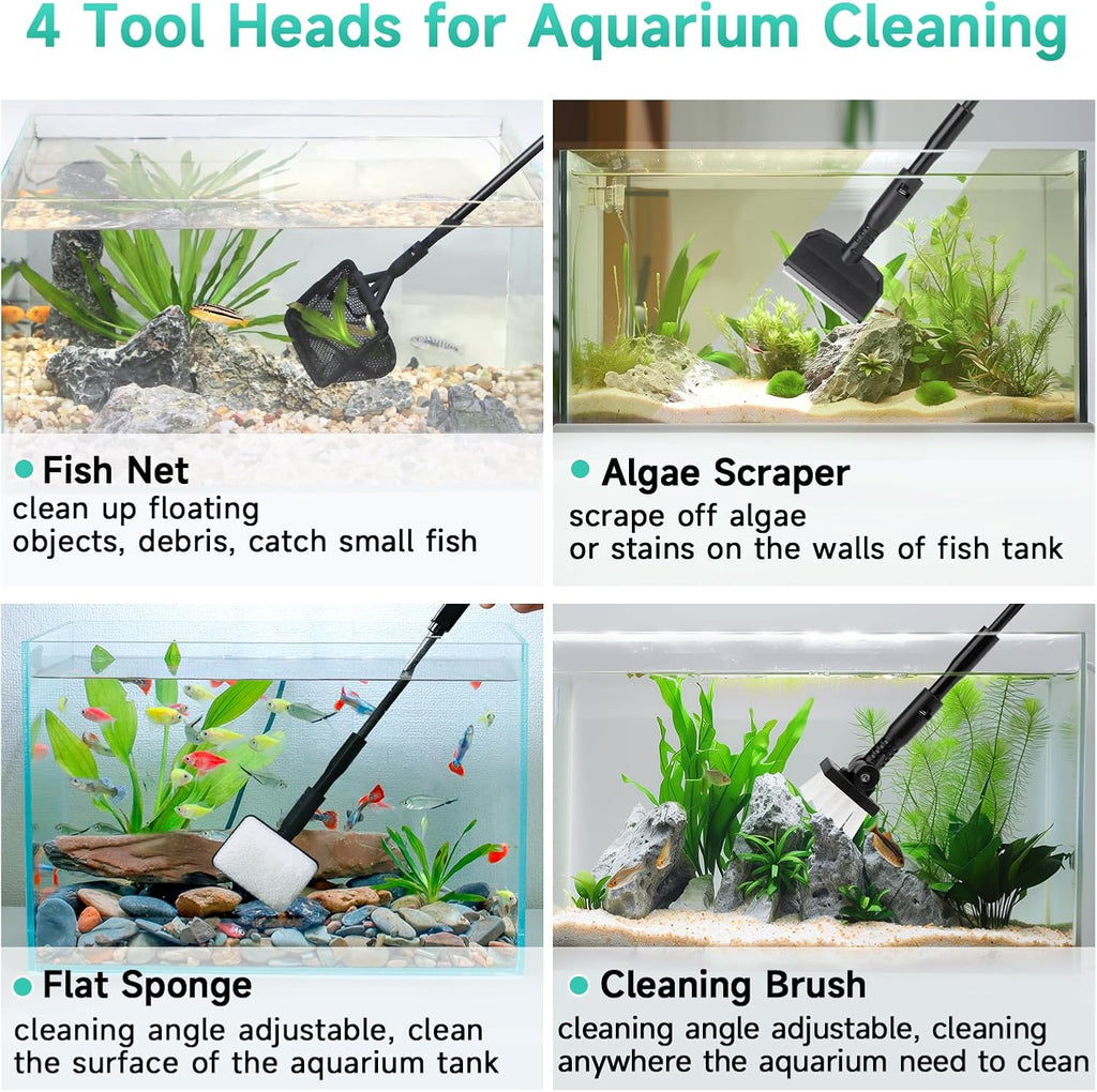 hygger Small Aquarium Cleaning Tools, 4 in 1 Fish Tank Cleaner Kit with Handle,Fish Net,Algae Scraper,Clean Brush,Flat Sponge
