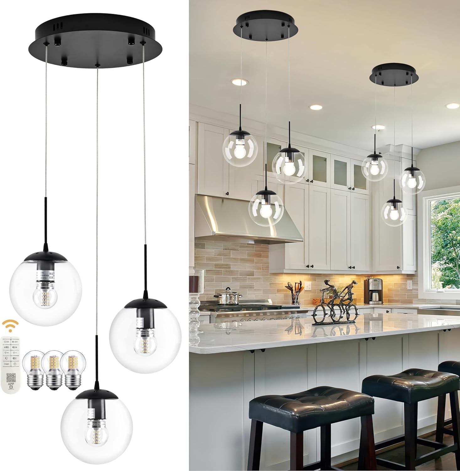 KoKo&Yukina 3-Light Globe Glass Pendant Light Modern Black Clear Globe Glass Chandelier Adjustable Length Pendant Lights Fixtures High Ceiling Light for Kitchen Island Foyer (Bulb & Remote Incl.)