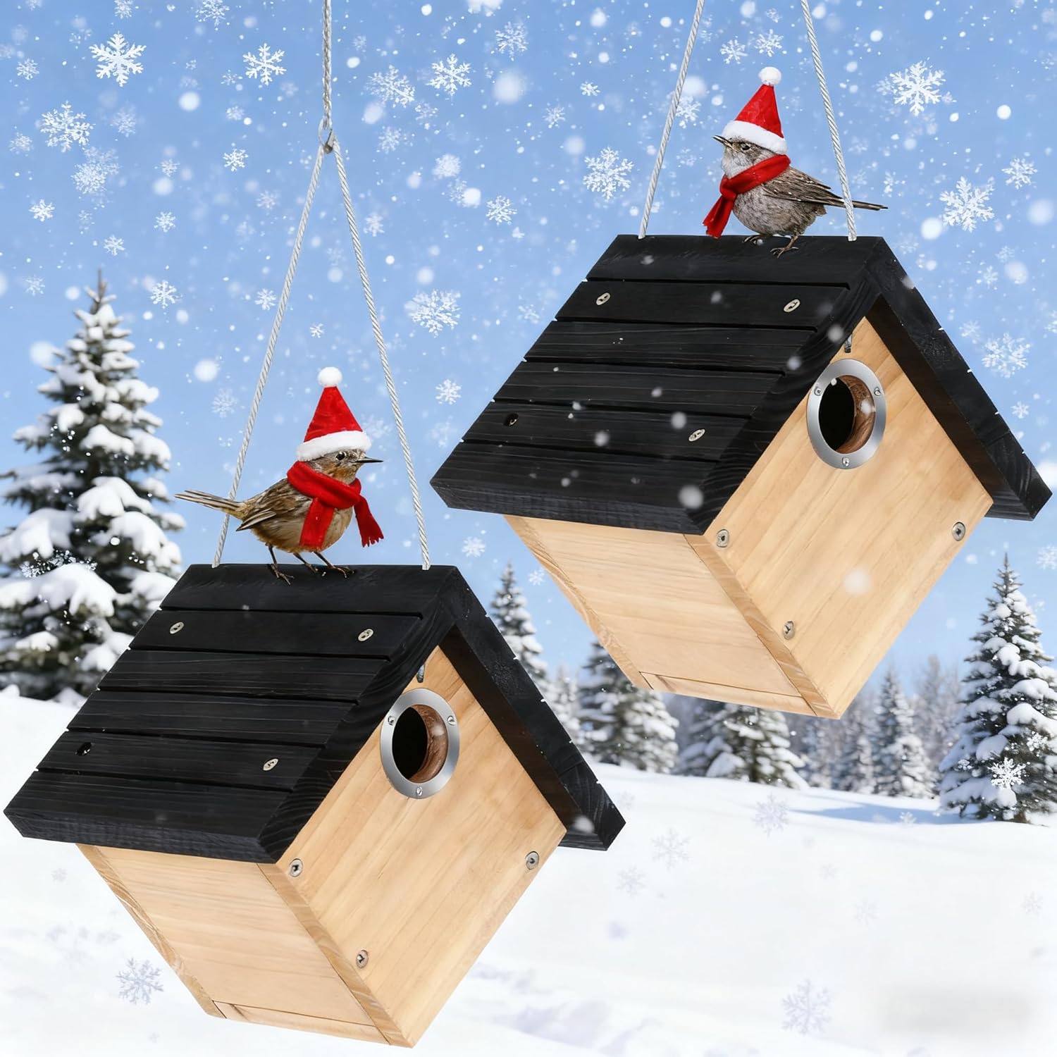 Gtongoko 1-1/8" Entrance Hole Wren House, Hanging Wren Bird Houses for Outside for Nesting with Metal Guar Bird Nest with Air Vents, Clean Door for Wildbird Watching 2 Pack Black