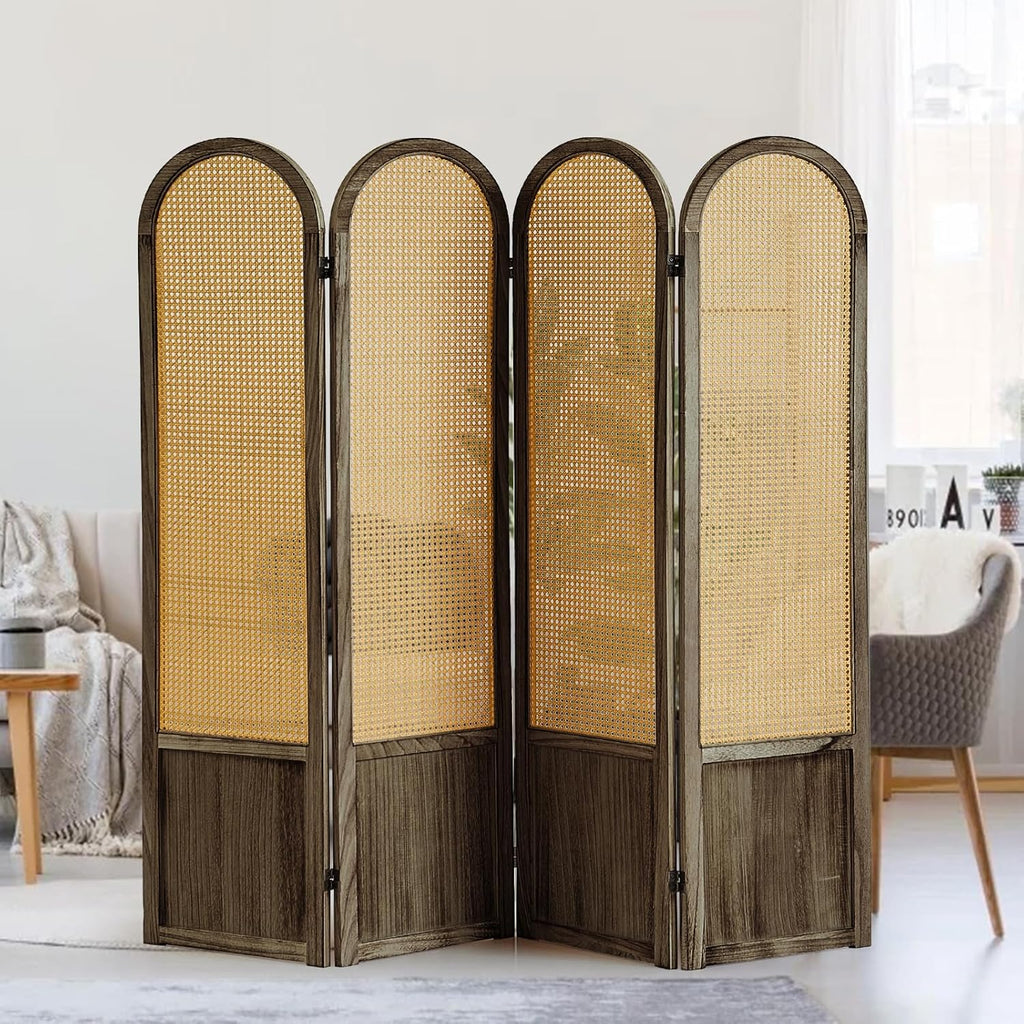 4 Panel Room Dividers and Folding Privacy Screens, Hand-Made Rattan Room Divider with Bi-Directional Hinge, Pre-Assembled Wood Room Divider Wall for Home Office Bedroom, Dark Brown