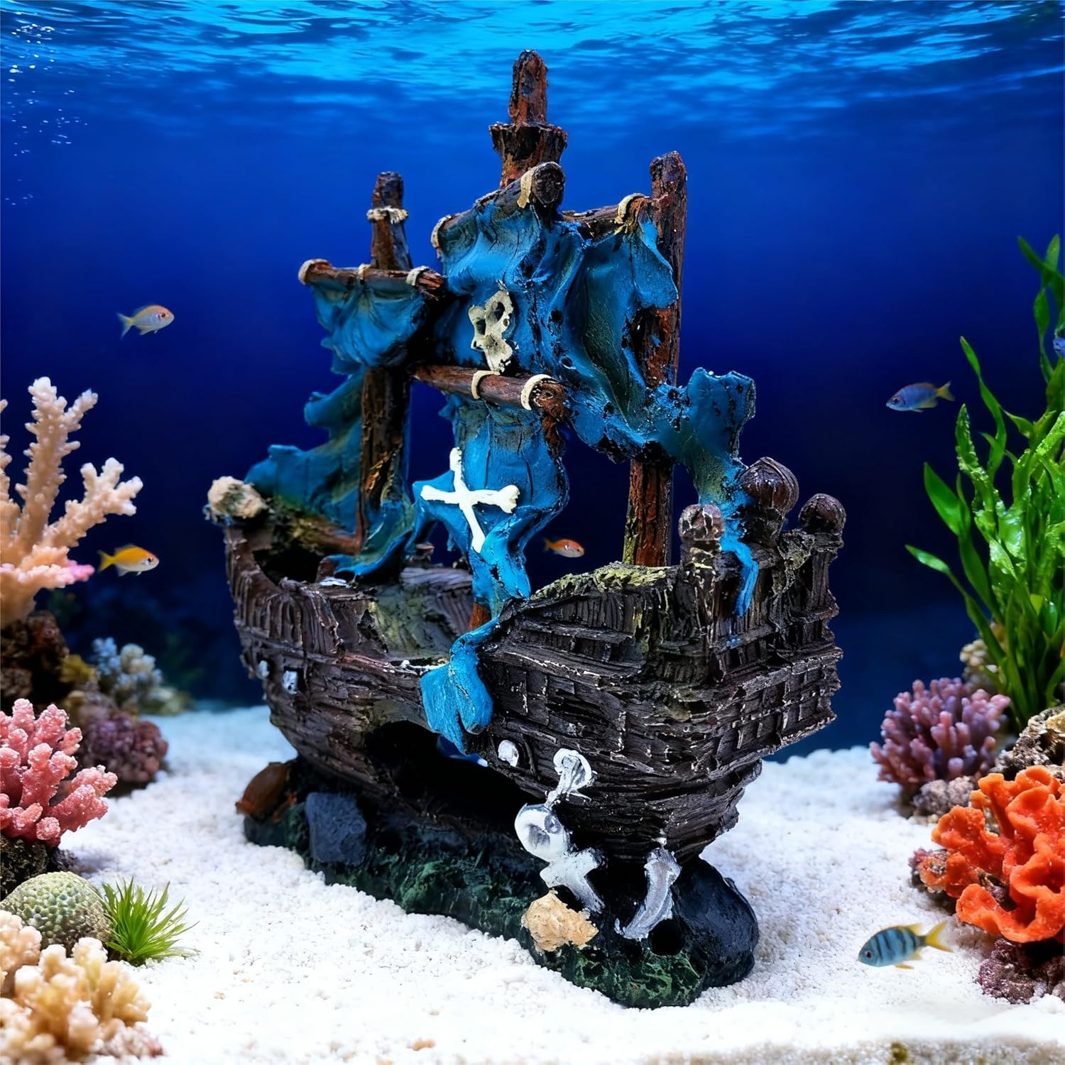 Blue Pirate Shipwreck Decoration for Aquariums, Fish Tank Ornaments, Fish Tank Hiding Place