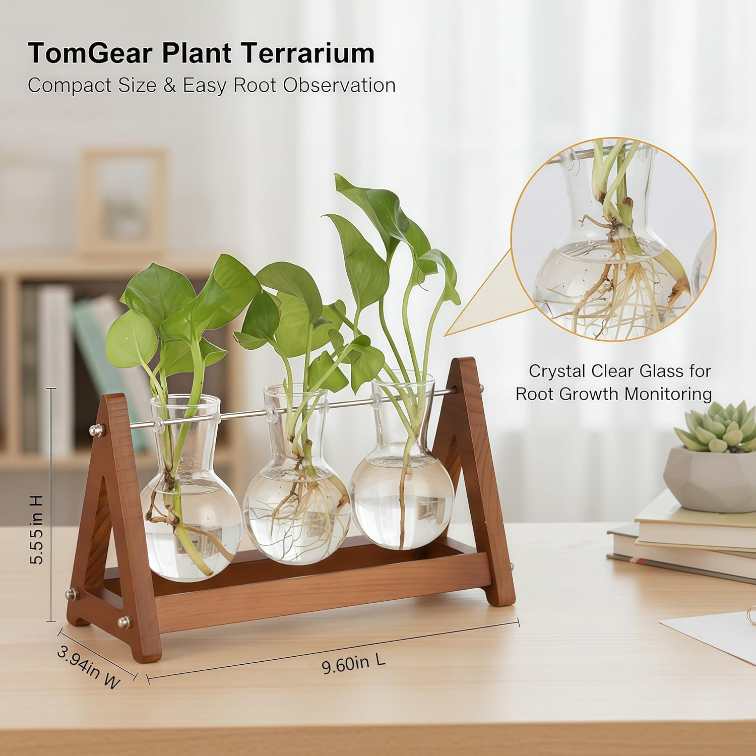 Plant Terrarium with Wooden Stand, 3 Bulb Glass Vase Metal Holder, Retro Hydroponics Planter for Home/Garden/Office Decor, for Women & Mom