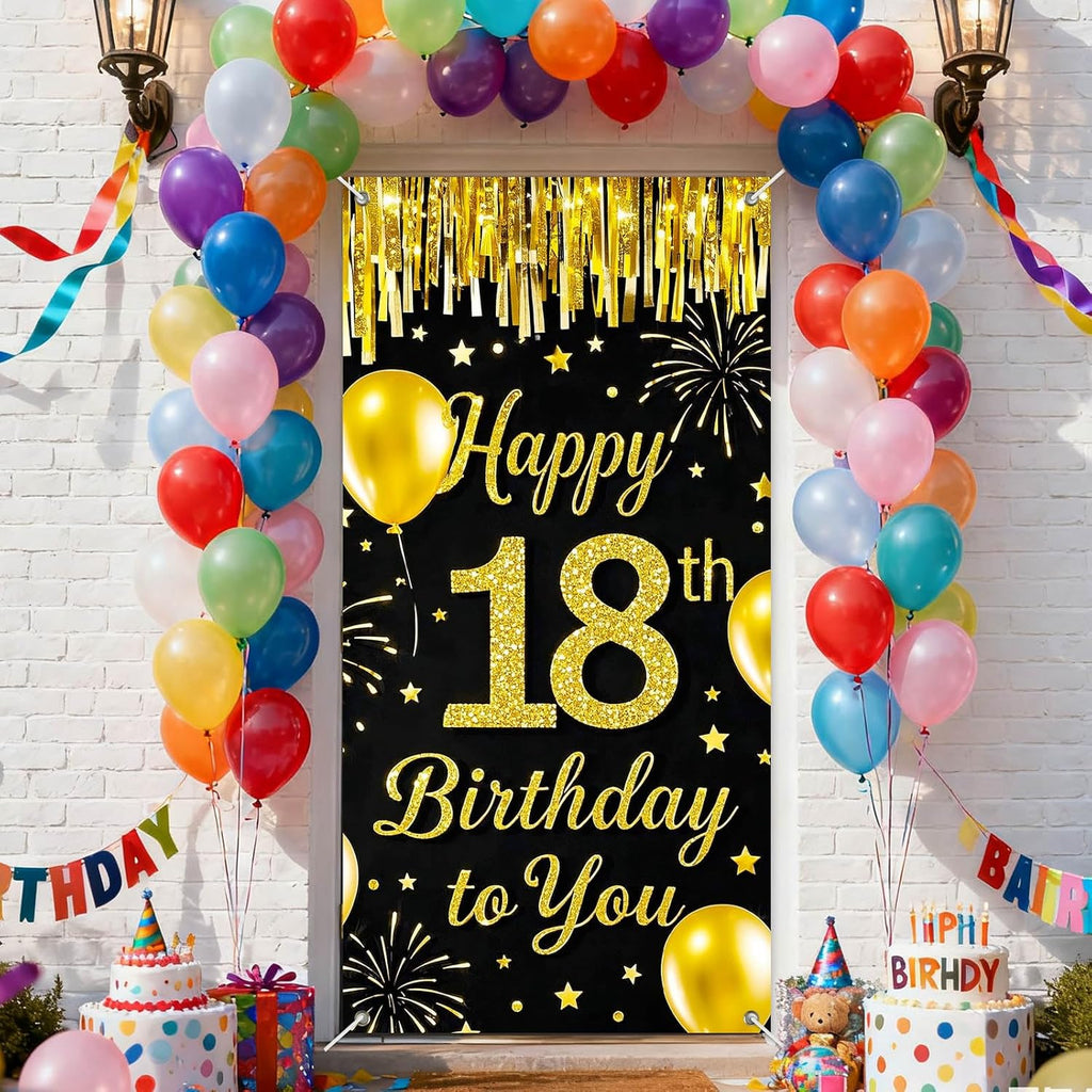 IVN 18th Birthday Door Cover 71x35 Inch Black Gold Birthday Banner for Party Decorations Balloons Stars Fireworks Backdrop Sign for Men Women Photo Booth Prop Wall Decor