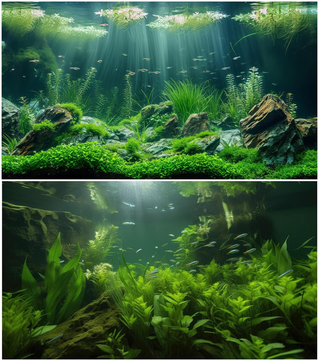 2 Packs Underwater Aquarium Background Lush Green Aquatic Plants Fish Tank Background Undersea Stone with Moss Tropical Reptile Tank Backgrounds Under The Sea World Aquarium Backgrounds 24x12in