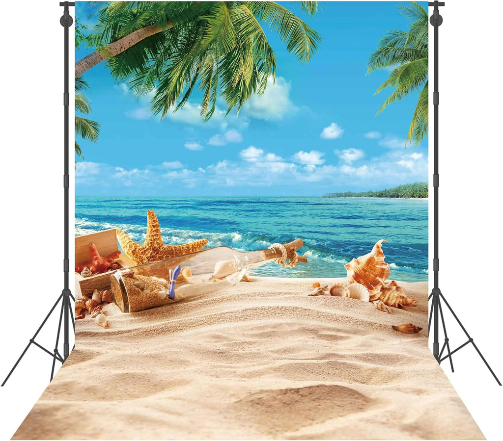 5X7ft Polyester Blue Summer Beach Seaside Sunset Backdrop Tropical Hawaiian Ocean Palm Tree Photography Background for Aloha Luau Party Decoration Supplies Banner Photo Booth Props