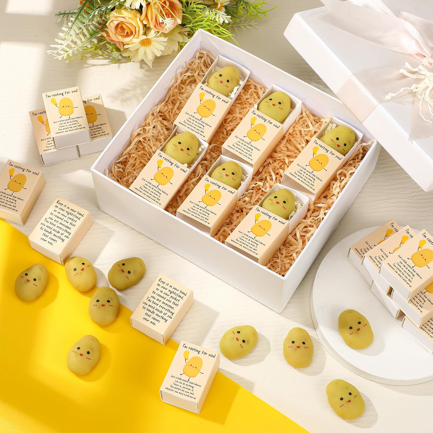 Wettarn 24 Sets Potato Support Gifts Cute Stress Balls with Gift Boxes Inspirational Party Favors for Employee Coworker Friends Office Positive Relief Toys
