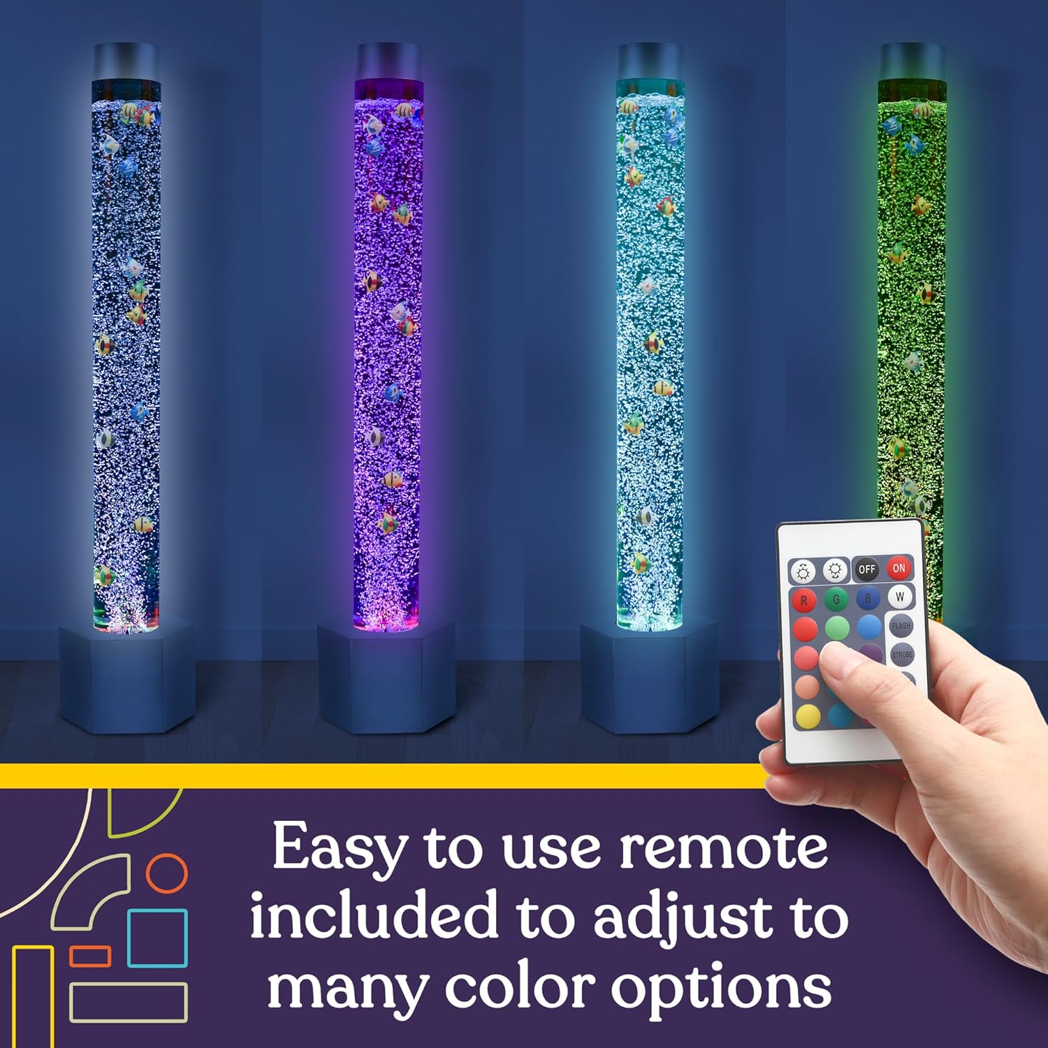 Special Supplies Aquarium Sensory Fish Bubble Light Tube with 16 LED Color Changing Nightlight Effect, Remote Control-Includes 12 Fish, Floor Standing Lamp for Kids and Adults (5 ft) (Hexagon)