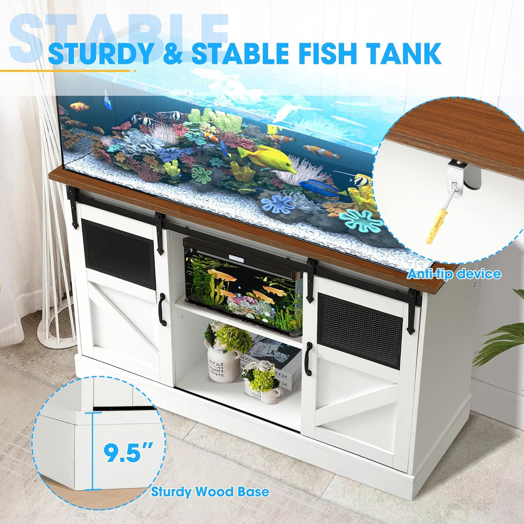 55-75 Gallon Aquarium Stand with Power Outlet, Metal Frame Fish Tank Stand with Cabinet Storage and Barn Door, Heavy Duty Reptile Tank Stand, 52" L x 19.7" W Tabletop, 1300LBS Capacity (White)