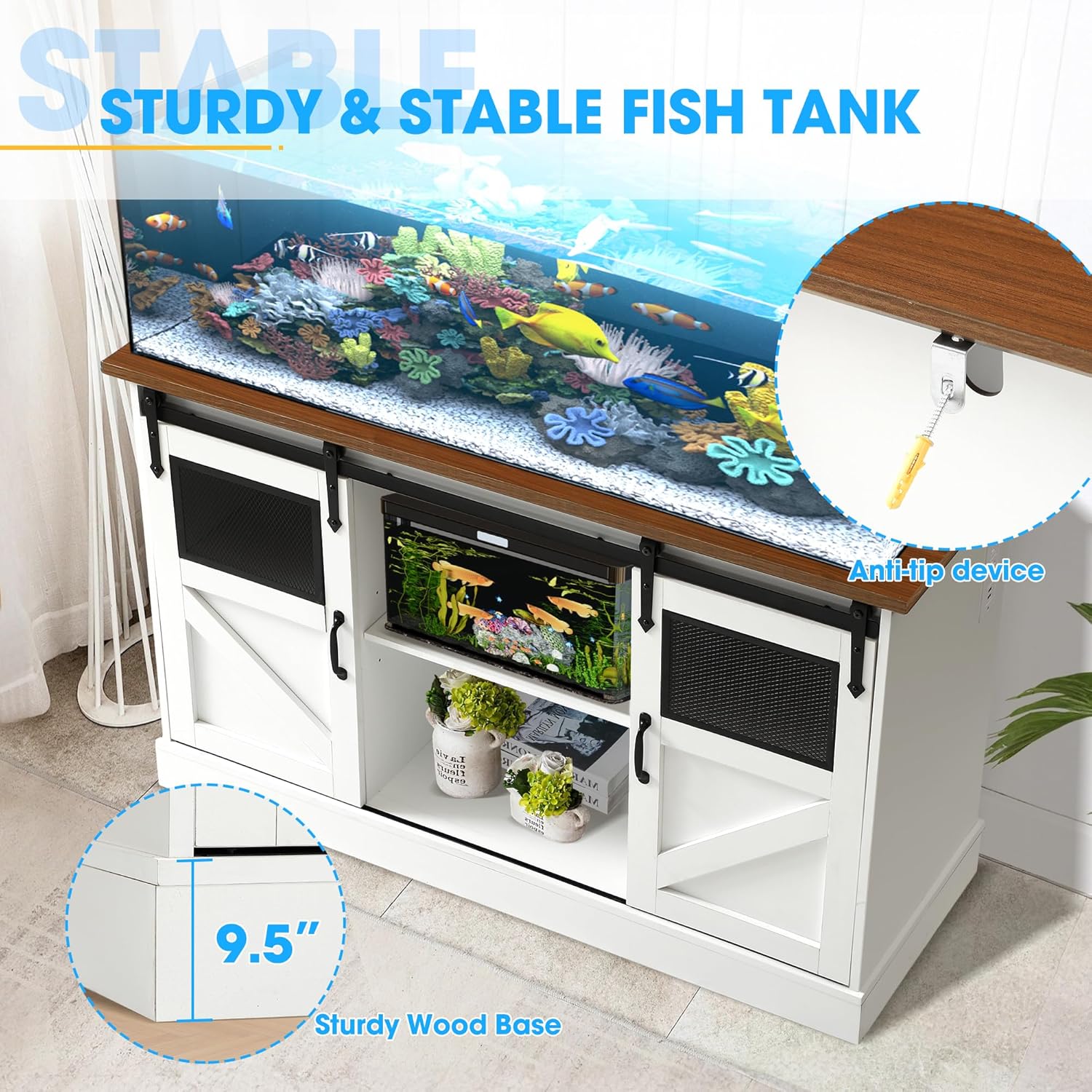55-75 Gallon Aquarium Stand with Power Outlet, Metal Frame Fish Tank Stand with Cabinet Storage and Barn Door, Heavy Duty Reptile Tank Stand, 52" L x 19.7" W Tabletop, 1300LBS Capacity (White)