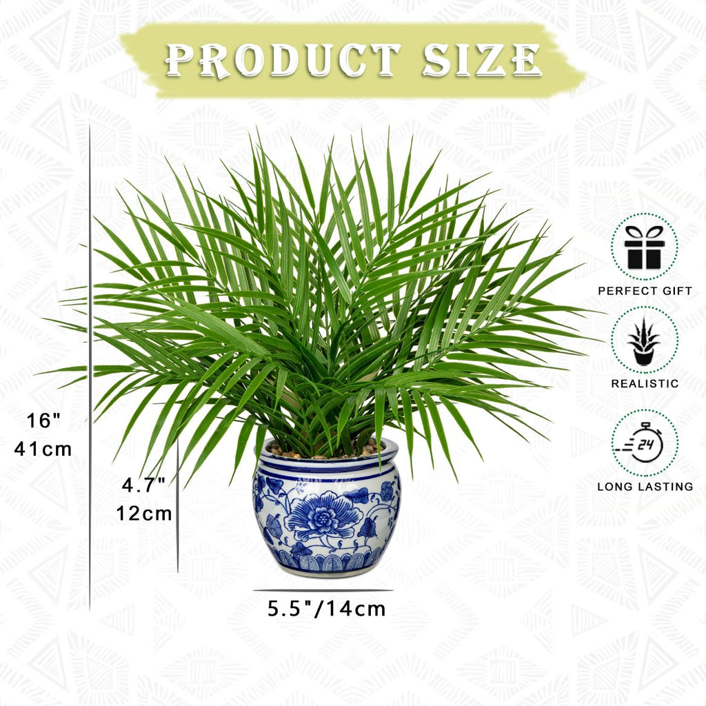 Hollyone Large Artificial Potted Plants Fake Palm Plants 16" Faux Green Plant Plastic Tropical Palm Tree in Blue and White Porcelain Ceramic Pots for Home Room Office House Indoor Decoration