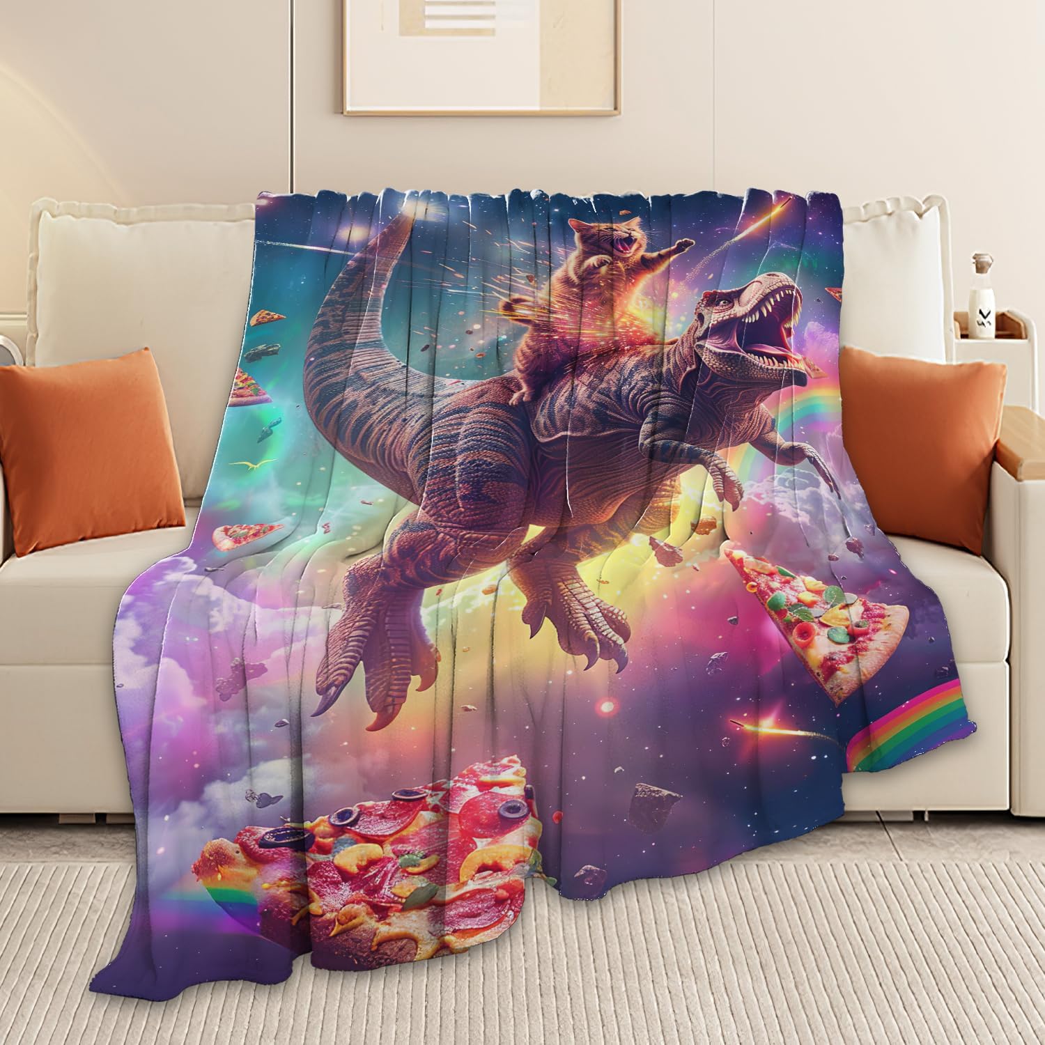 Funny Dinosaur and Cat Blanket Universe Rainbow Pizza Dino Cat Throw Blanket Gifts for Girls Women Kids Adults Super Soft Cozy Plush Fluffy Fuzzy Fleece Blanket Home Decor 40''X50''