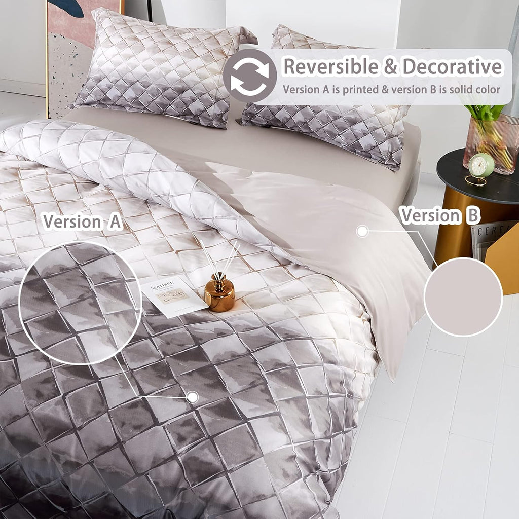 MILDLY 100% Long-Staple Cotton Duvet Cover Set Gray Beige Geometric Pattern Printed Comforter Cover 3pcs, Ultra Soft & Breathable Bedding Set