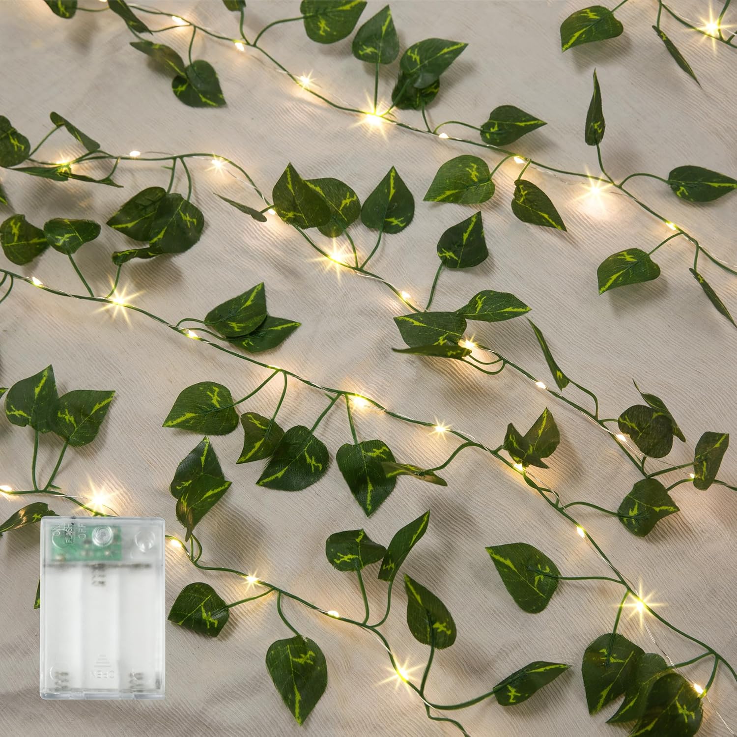 2 Pack 6.56 Ft Vine Lights Pothos String Lights Battery Operated, 40 LEDs Artifical Garland Plant Leaves with Light for Wedding, Garden, Patio, Bedroom, Stair Railing Decor (Warm White)
