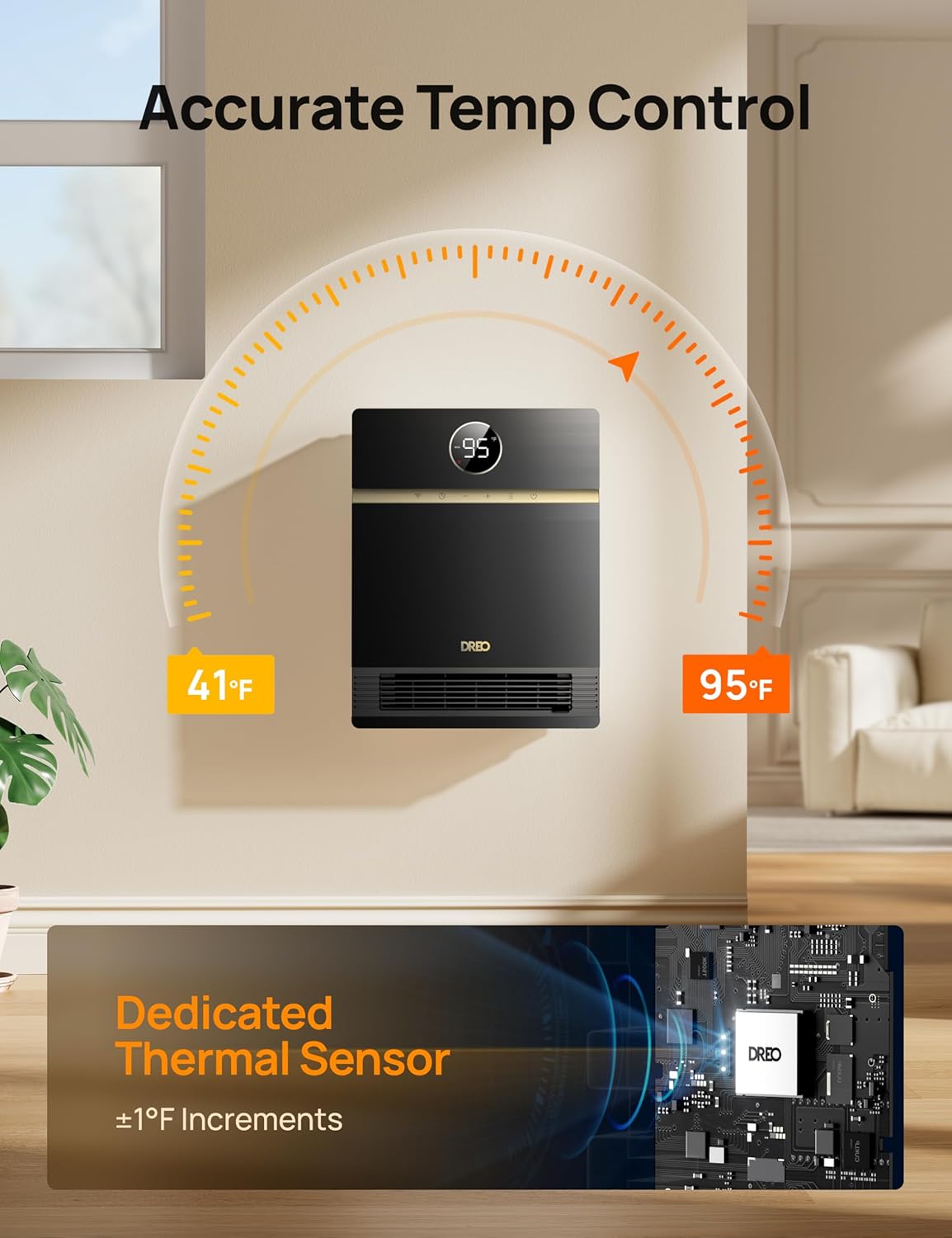 Dreo Smart Wall Heater, IP24 Electric PTC Space Heater for Indoor Use, 30° Oscillation, Adjustable Thermostat, Remote Control, Works with Alexa, 24H Timer, Easy-mounted for Bedroom, Office