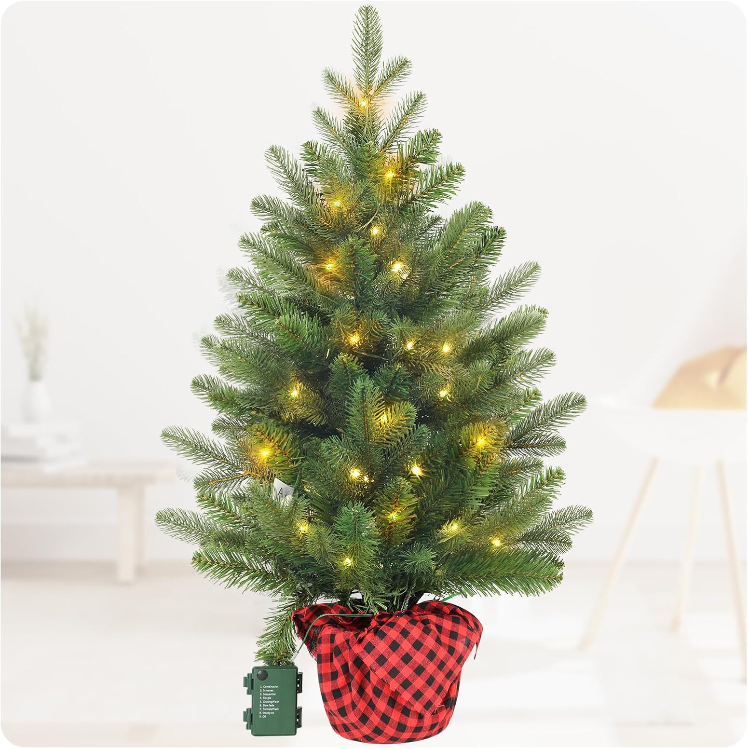 Artificial Christmas Tree 3FT Tabletop Mini Pine Tree with Red Plaid Base Small Xmas Tree for Holiday Decoration Indoor Home Office Desk Bookshelf Fireplace Front Porch Christmas Décor