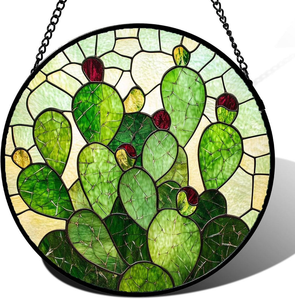 Stained Glass Window Hanging - Green Plants Cactus Suncatcher for Doors Garden Patio Sun Catchers Decor Christmas Mother's Day Birthday Gifts for Women Men Mom Nana Friend Wife 6.3 in
