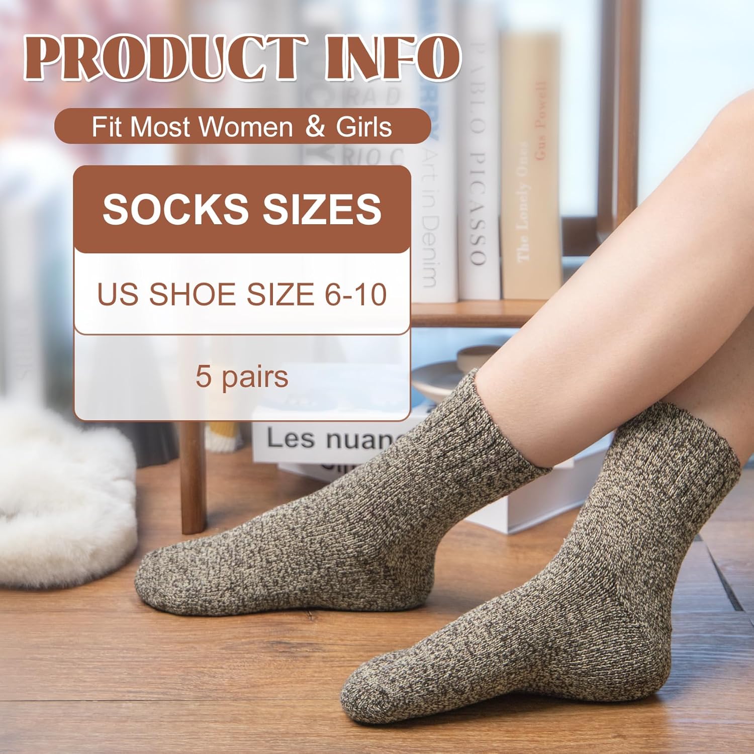 Justay 5 Pairs Wool Socks for Women - Winter Thick Boot Cozy Crew Vintage Soft Calf Knit Warm Socks Gifts