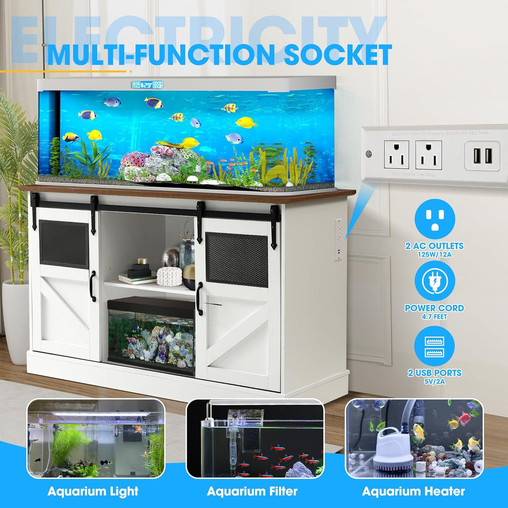 55-75 Gallon Aquarium Stand with Power Outlet, Metal Frame Fish Tank Stand with Cabinet Storage and Barn Door, Heavy Duty Reptile Tank Stand, 52" L x 19.7" W Tabletop, 1300LBS Capacity (White)