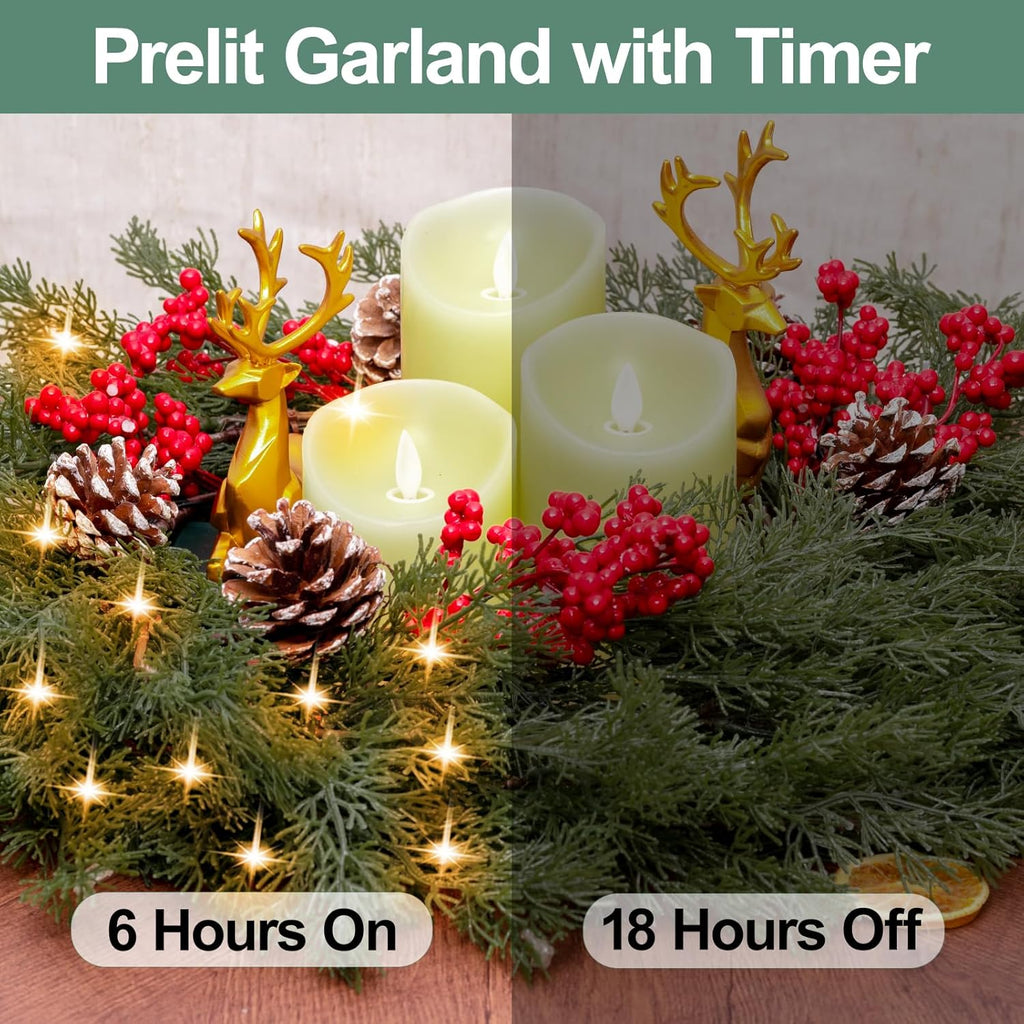 6.5FT Christmas Garland with Star Lights,Prelit Christmas Decorations,Lighted Garland with Battery Operated,Denser Realistic Cypress Xmas Greenery Home Decor for Mantle Fireplace Table Indoor Outdoor