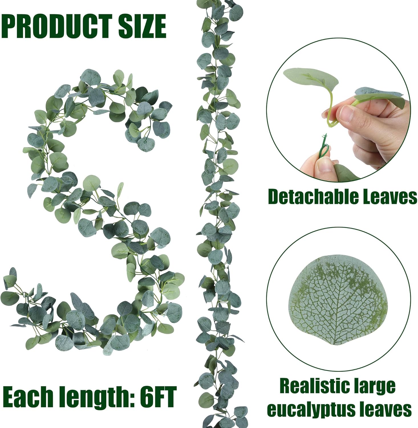 Sggvecsy 4 Pack Artificial Eucalyptus Garland Greenery Leaves Handmade 3D Silk Vines Silver Dollar Leaves Faux Leaf Plants for Wedding Wall Table Party Home Fireplace Bedroom Decor