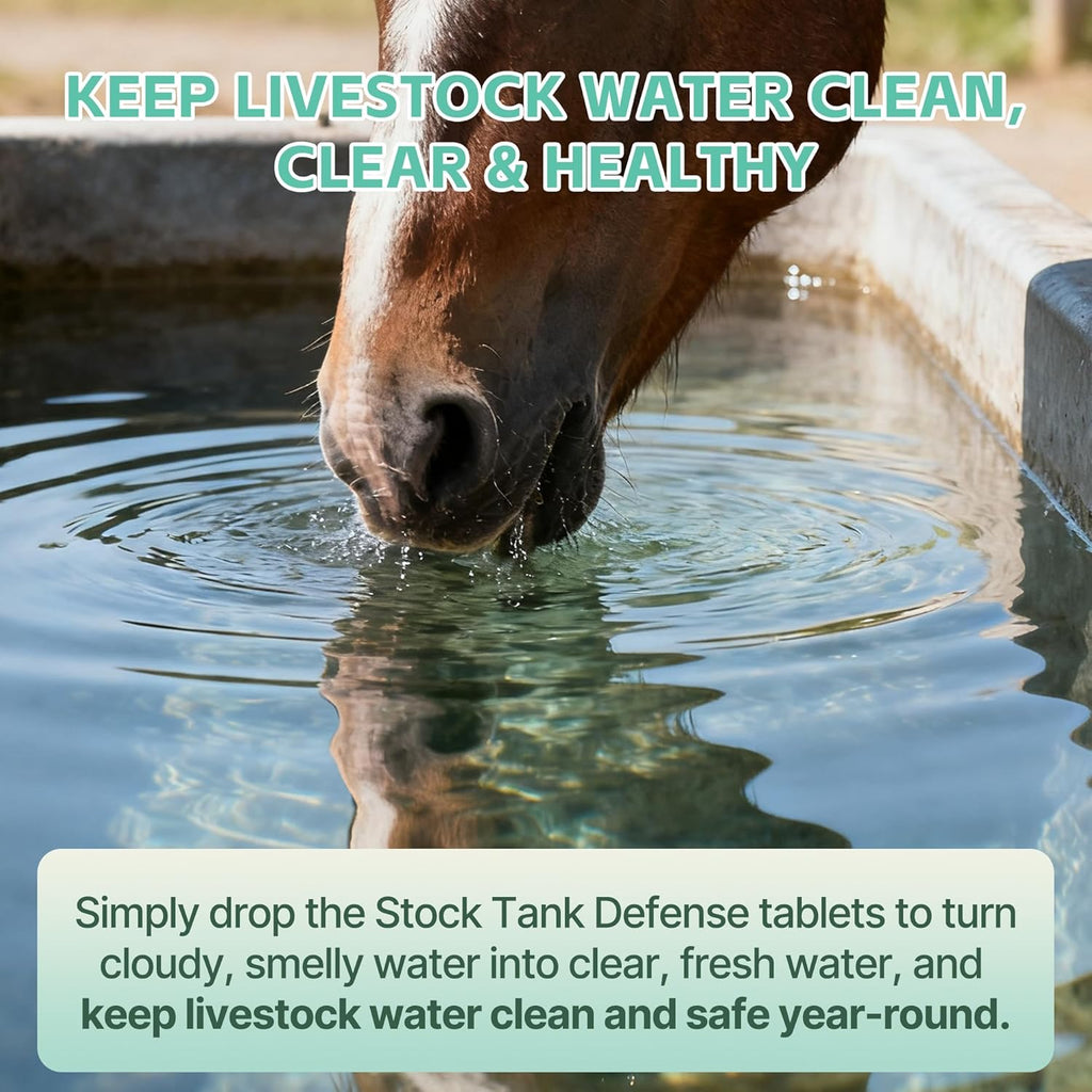 Stock Tank Defense Tablets–Stock Tank Clarifier for Livestock Water Troughs–Dissolves Sludge, Cleans Drinking Tanks, Improves Water Quality–Safe & Easy for Horses, Cattle, Goats & Chickens, 300Count