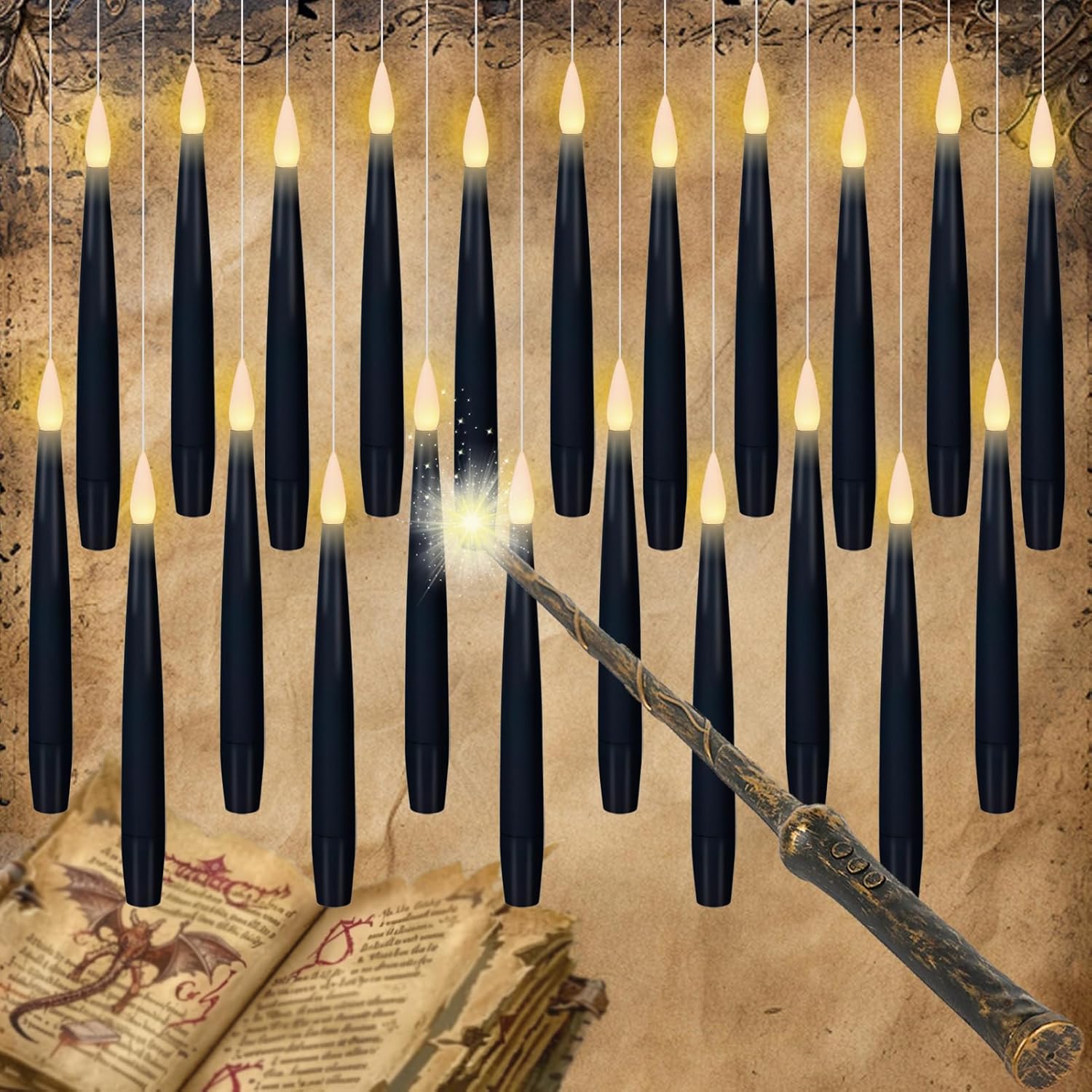 GenSwin 22pcs Flameless Floating Candle with Magic Wand Remote Timer, Battery Operated Hanging Window Candles Flickering, 6.1" LED Electric Candles for Christmas Halloween Decorations(Black)
