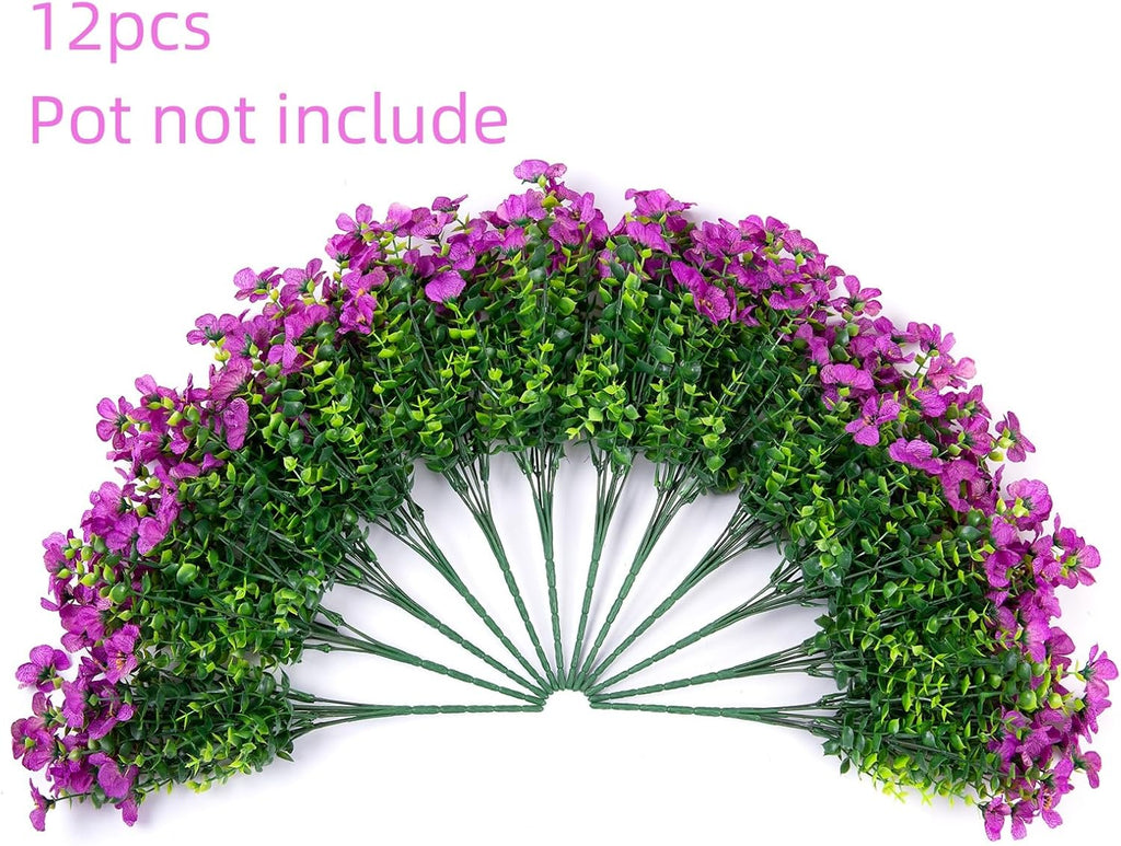 HyeFlora Artificial Flowers for Outdoor Indoor Garden Home Decoration, Faux Flower Daisy with Eucalyptus Leaves Fake Plants Greenery Boxwood Porch Patio, 12 Bundles (Purple)