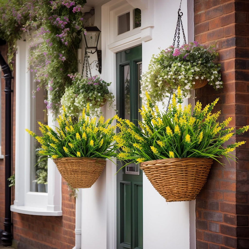 Artificial Flowers for Outdoor Plants 24 Bundles Fake Lavender Plastic Faux Monkey Grass for Verandah Window Garden Office Patio Front Porch UV Resistant for Planter(Yellow)