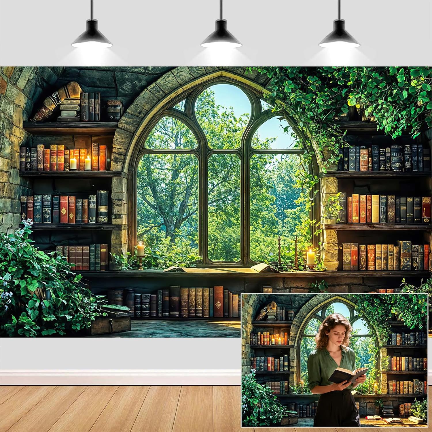 7X5ft Vintage Forest Bookshelf Backdrop Retro Green Forest Library Window Photography Background Photo Studio Props for The World Book Day Birthday Party Decor