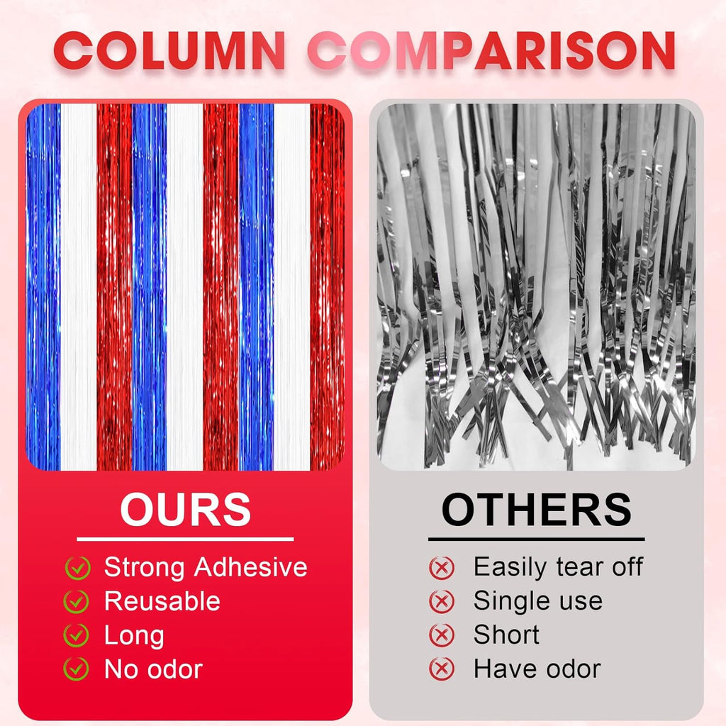 2 Pack Red White and Blue Tinsel Foil Fringe Curtains, 4th of July Decorations, Metallic Tinsel Party Streamers Backdrop for Patriotic, Memorial Day, Independence Day Party Decorations