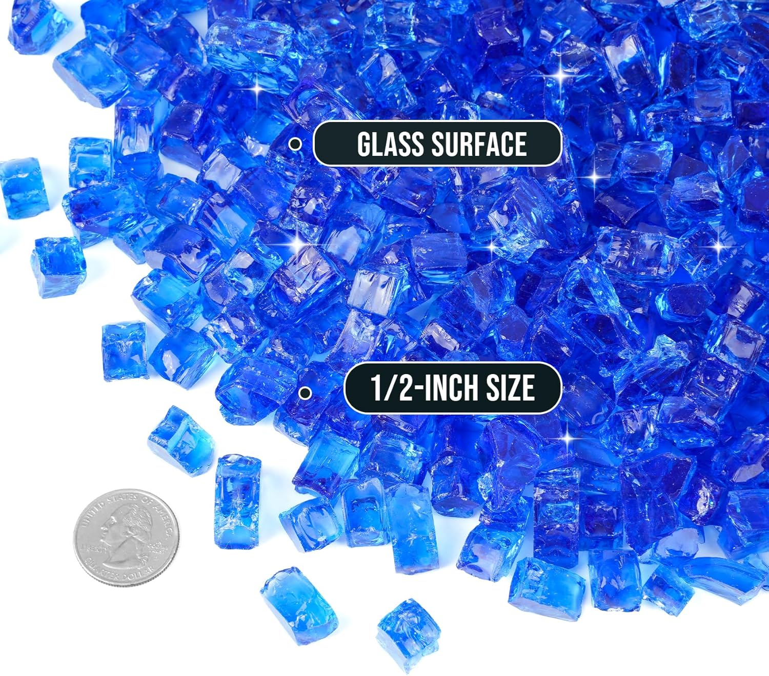 Skyflame High Luster 10-Pound Regular Fire Glass for Fire Pit Fireplace Garden Landscaping Cobalt Blue 1/2" Size