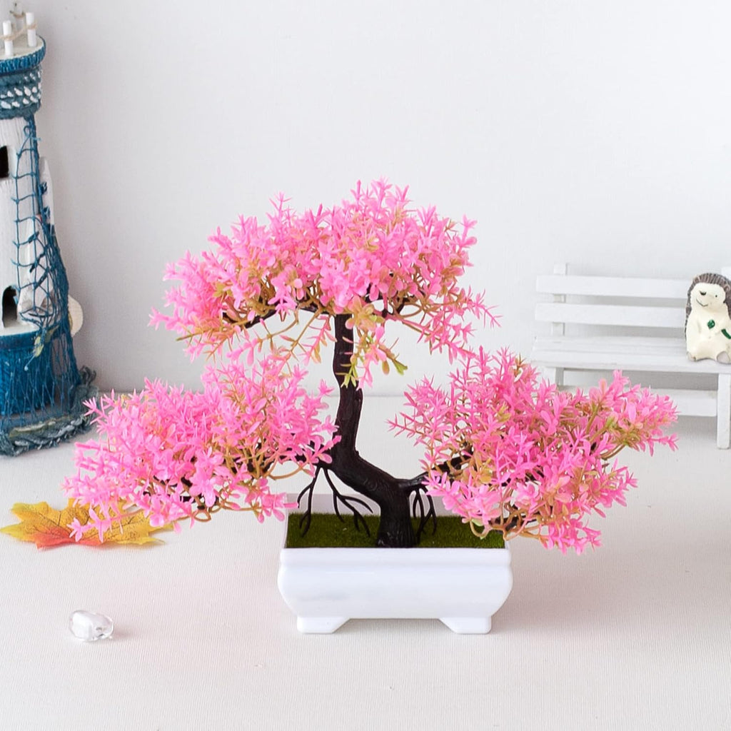 Mini Artificial Bonsai Tree Plants Artificial Plant Welcome Pine Tree with Plastic Cement Pots for Home Office Décor (Pink)