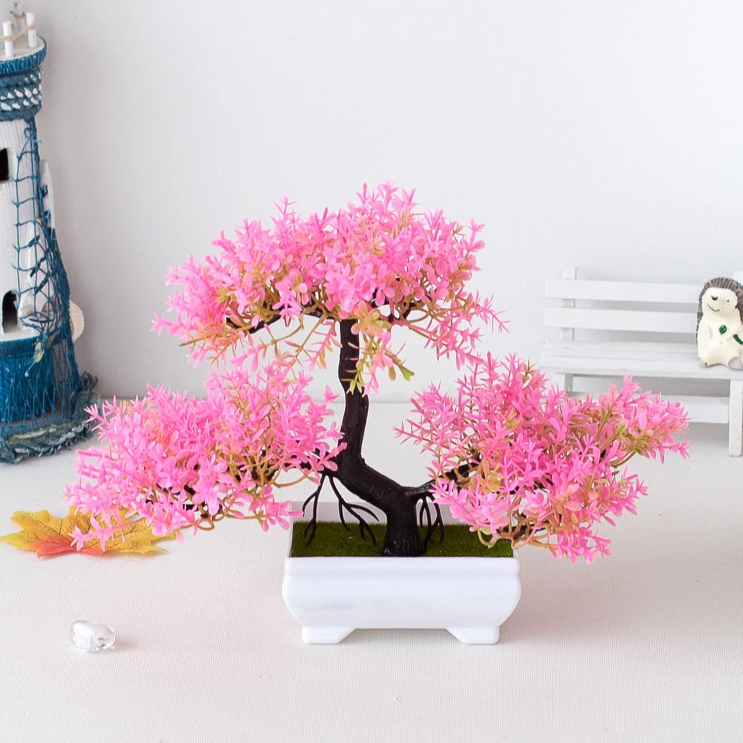 Mini Artificial Bonsai Tree Plants Artificial Plant Welcome Pine Tree with Plastic Cement Pots for Home Office Décor (Pink)