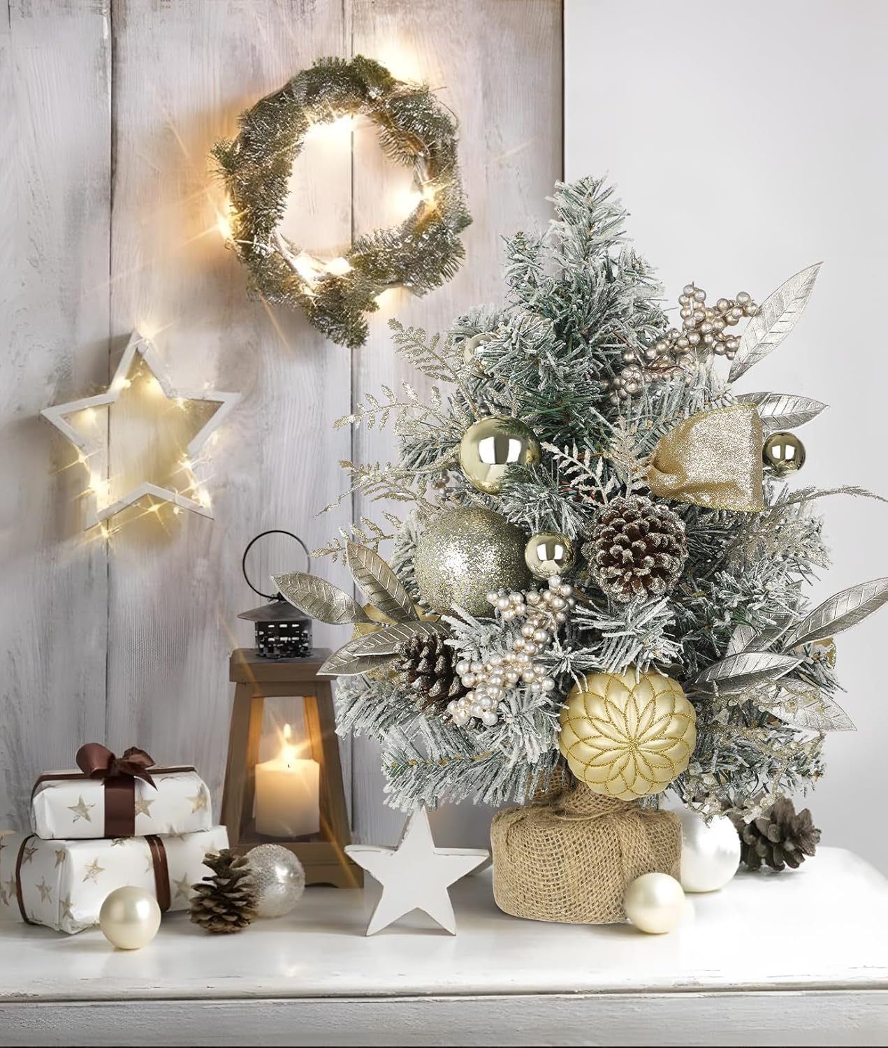 Flocked Christmas Tree Mini Tabletop Christmas Tree with Ornaments Berries Pinecones, 19" Small Fake Xmas Trees Plant Christmass Decorations for Table Centerpiece, Mantel Entryway Winter Holiday Decor
