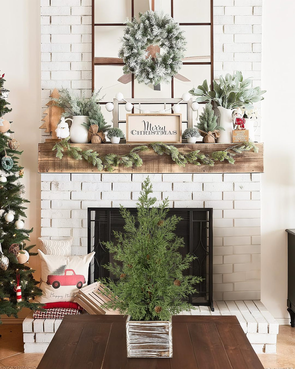 Briful Artificial Christmas Tree 21.2’’ Tall, Mini Tabletop Xmas Tree with Pinecones in Rustic Wooden Box, Small Faux Cedar Tree for Home Office Holiday Decor, Farmhouse Winter Table Centerpiece