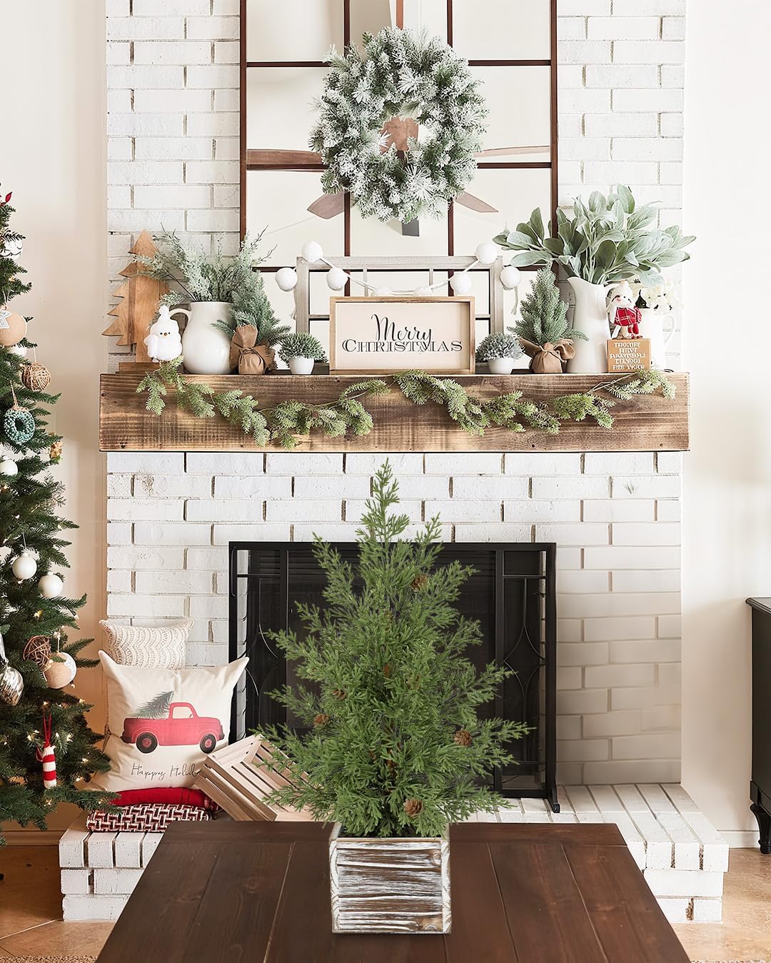 Briful Artificial Christmas Tree 21.2’’ Tall, Mini Tabletop Xmas Tree with Pinecones in Rustic Wooden Box, Small Faux Cedar Tree for Home Office Holiday Decor, Farmhouse Winter Table Centerpiece