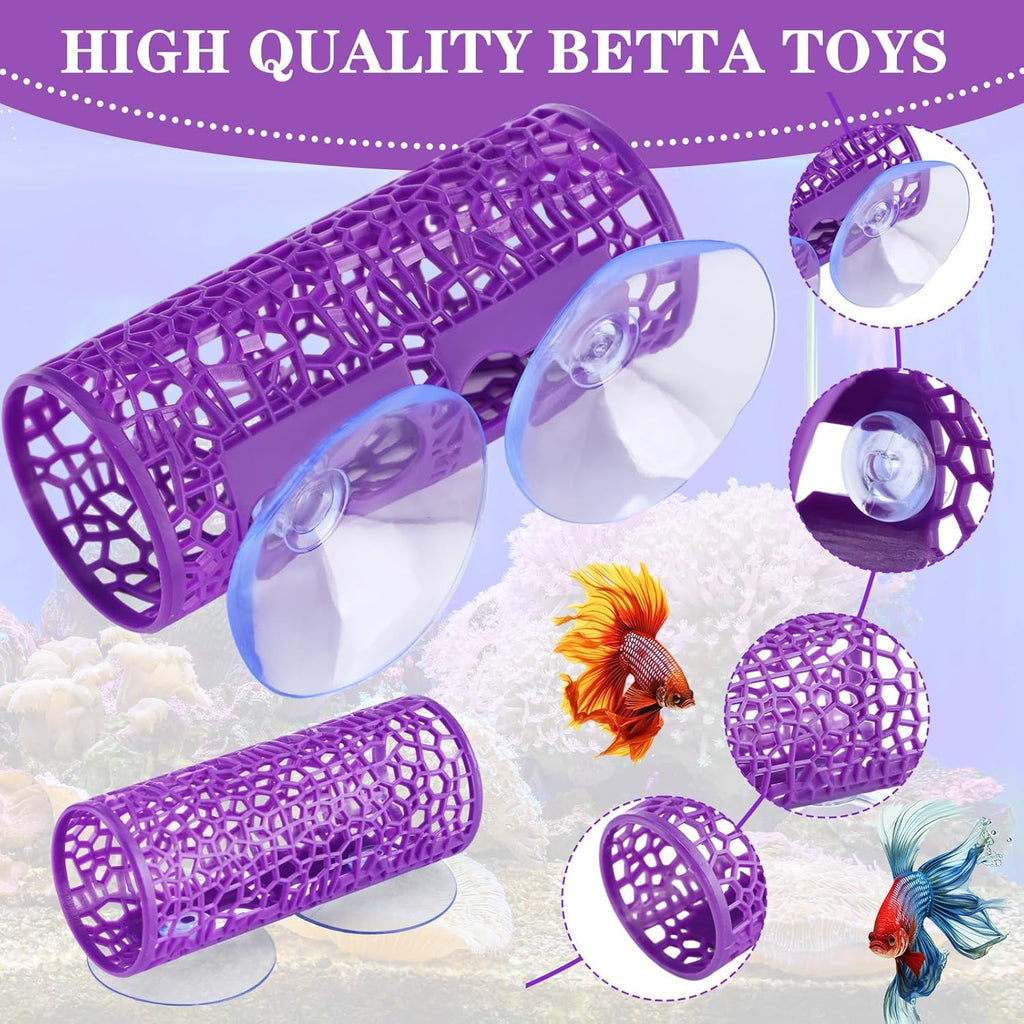 Honeydak 2 Pcs Betta Fish Tank Accessories Betta Tunnel Fish Toys Safe Hollow Hammock Cave Aquarium Decor with Suction Cups for Small Shrimp Reptile Guppies(Purple,Hideout Tube)