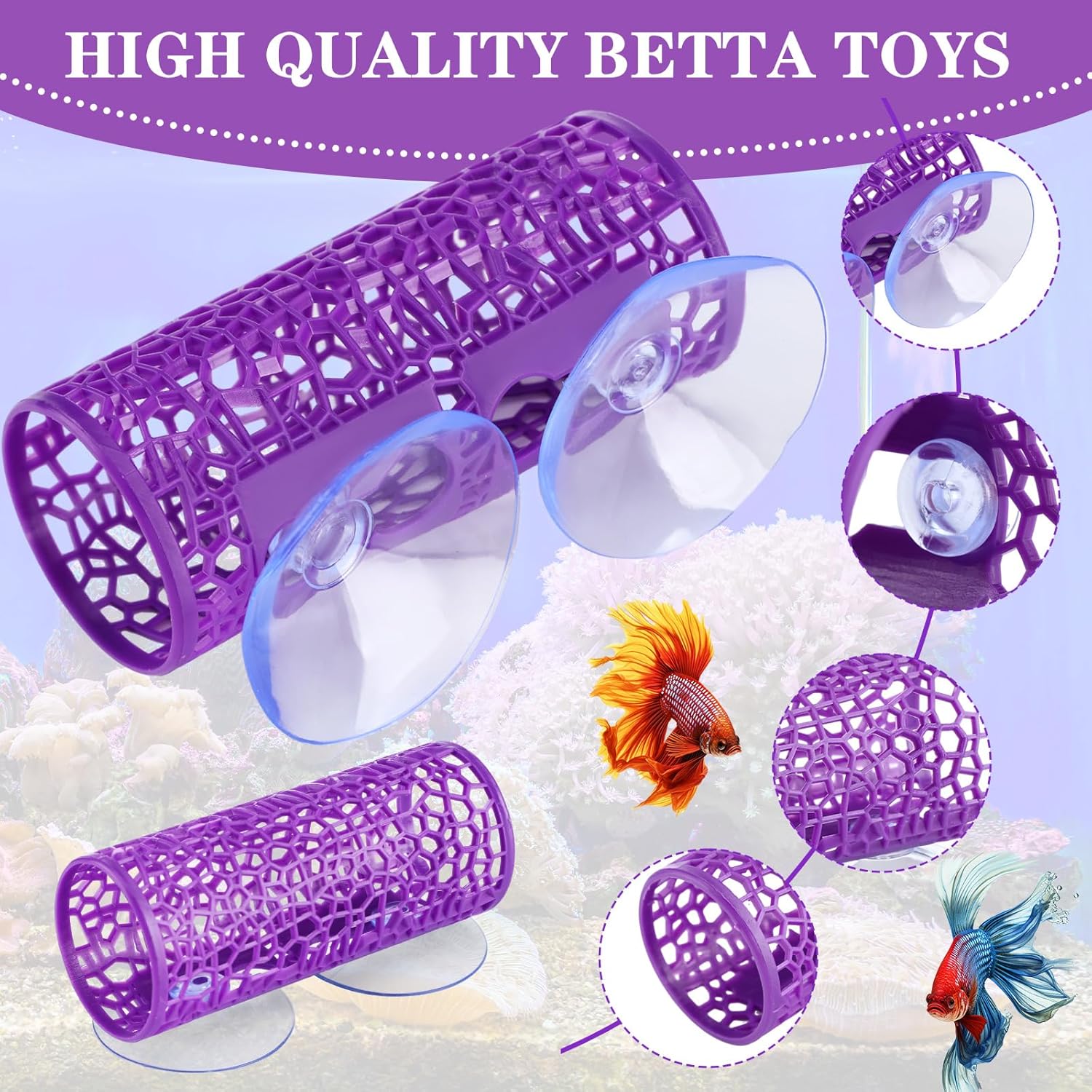 Honeydak 2 Pcs Betta Fish Tank Accessories Betta Tunnel Fish Toys Safe Hollow Hammock Cave Aquarium Decor with Suction Cups for Small Shrimp Reptile Guppies(Purple,Hideout Tube)