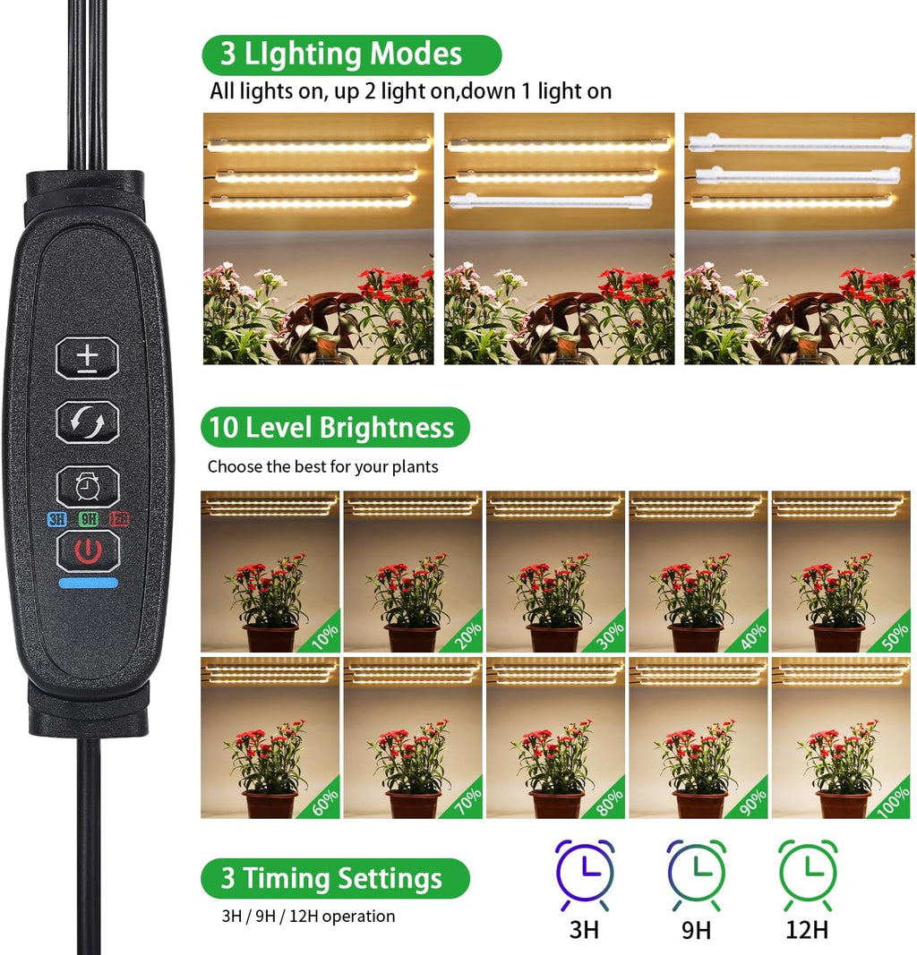 3 Head 7.8 Inches LED Grow Light Strips, Grow Lamps for Indoor Plants Full Spectrum 3000K, 72 LEDs Plant Light Strips with 3/9/12H Timer, 10 Dimmable Levels for Seedling Succulent