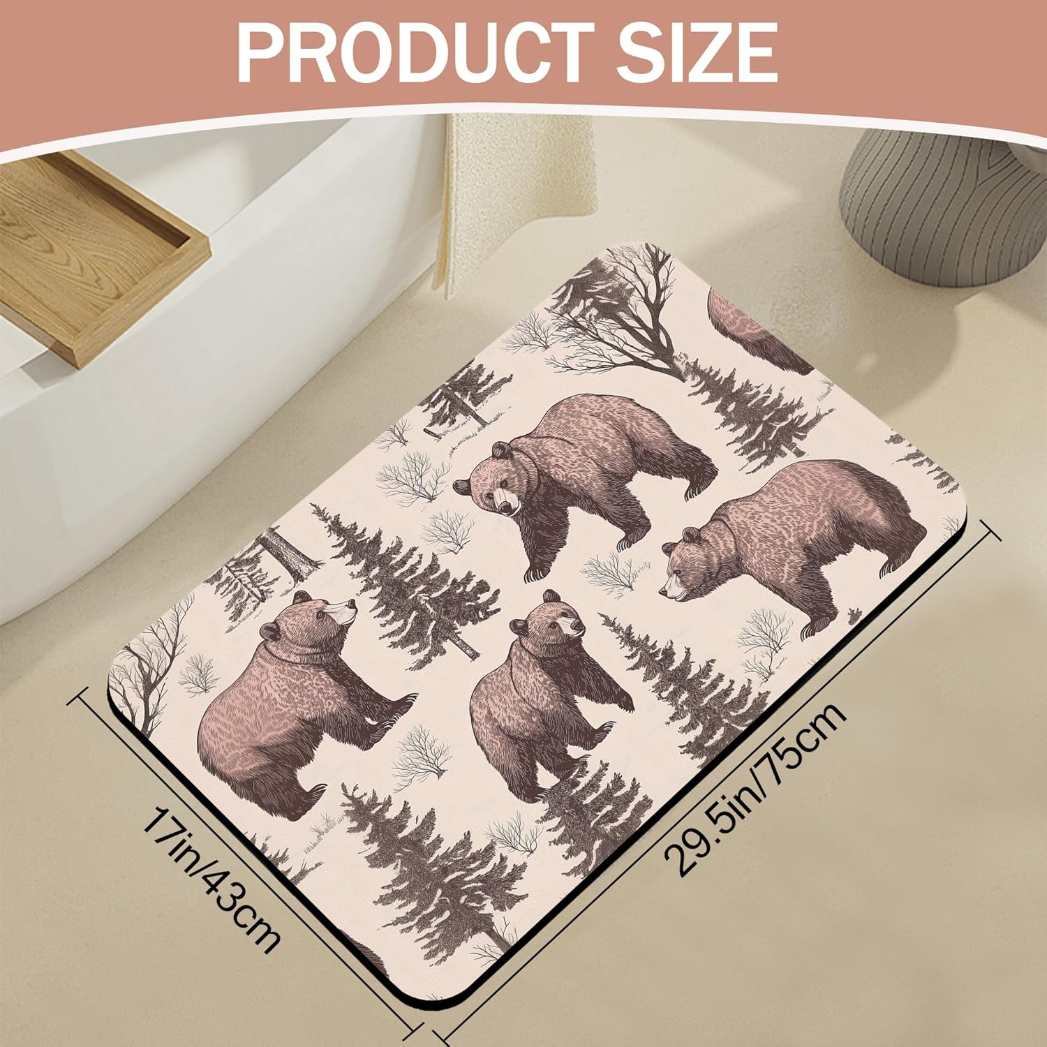 Retro Bear Bathroom Rugs,Bath Mats for Bathroom,Forest Printed Low Pile Absorbent Bath Mat,Rubber Backing Non Slip Washable Thin Quick Dry Door Mat 17x29.5 Inch