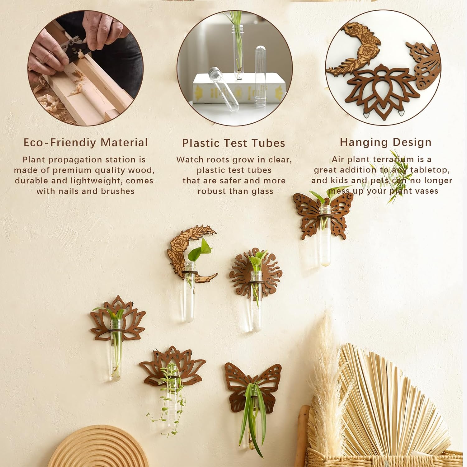 Artilady 2 Pack Plant Propagation Station Lotus Flower Wall Hanging Wood Plant Terrarium for Hydroponics Home Office Decor Test Tube Propagate Air Cutting Holder