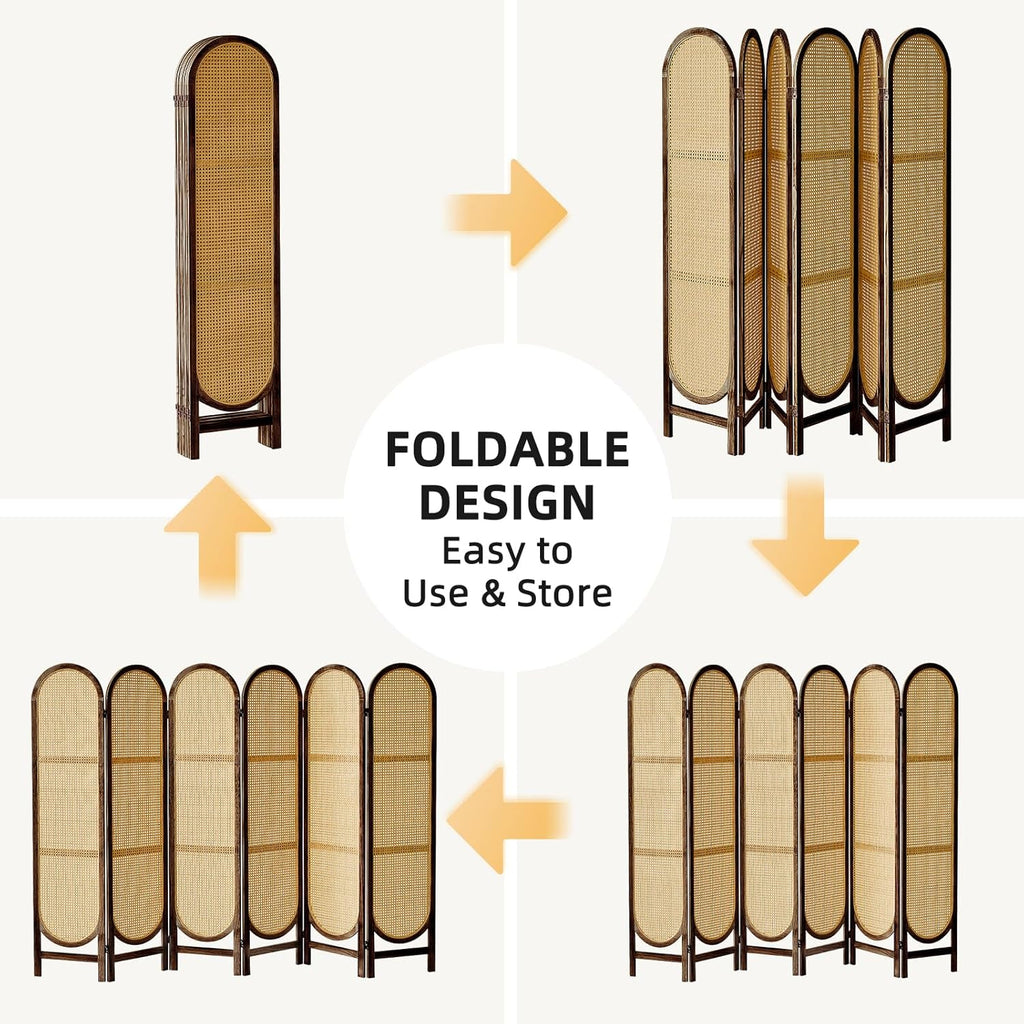 5.6 Ft Room Divider 6 Panel, Folding Privacy Screen, Rattan Room Divider, Foldable Wood Divider Panel, Portable Partition Screen, Wall Divider for Room Separation Home Office Garden-Brown