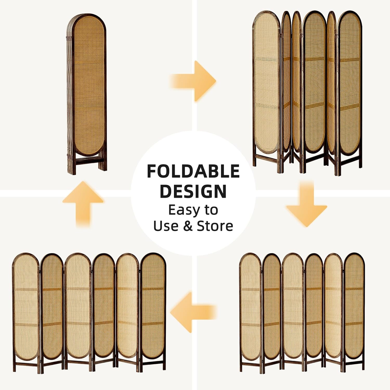 5.6 Ft Room Divider 6 Panel, Folding Privacy Screen, Rattan Room Divider, Foldable Wood Divider Panel, Portable Partition Screen, Wall Divider for Room Separation Home Office Garden-Brown