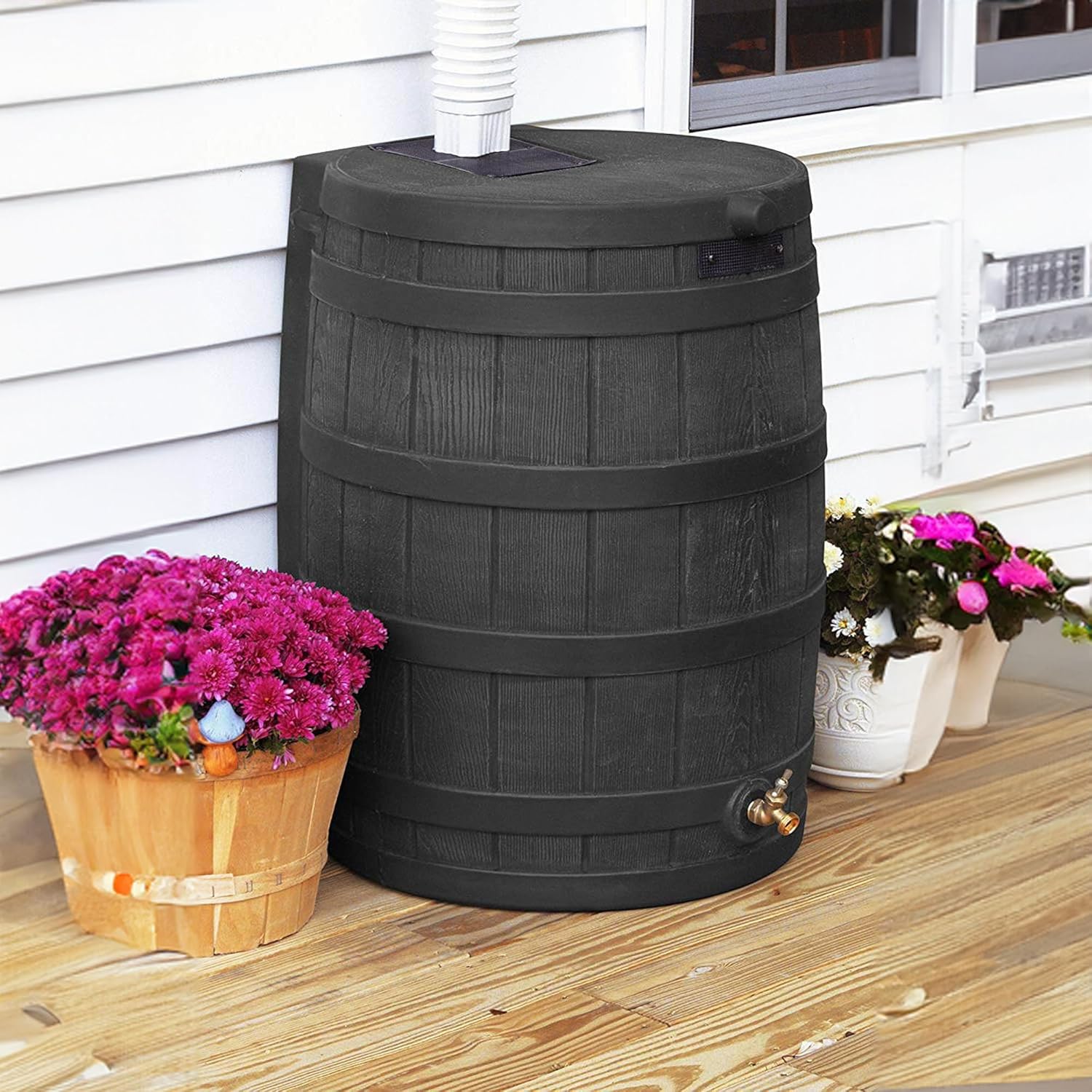 Good Ideas Rain Wizard 50 Gallon Plastic Outdoor Home Rain Barrel Water Storage Collector with Brass Spigot and Flat Back Design, Oak (3 Pack)
