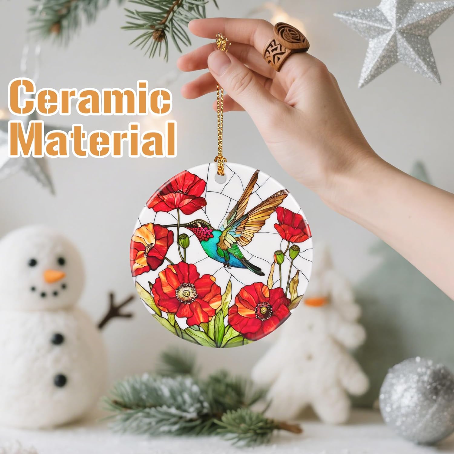 Ceramic-Style Christmas Tree Decorations, Christmas Ornaments, Double-Sided Printed Ornament Keepsakes, Holiday Decor. Xmas Gifts, Gifts for Hummingbird Lovers - Hummingbird-Themed