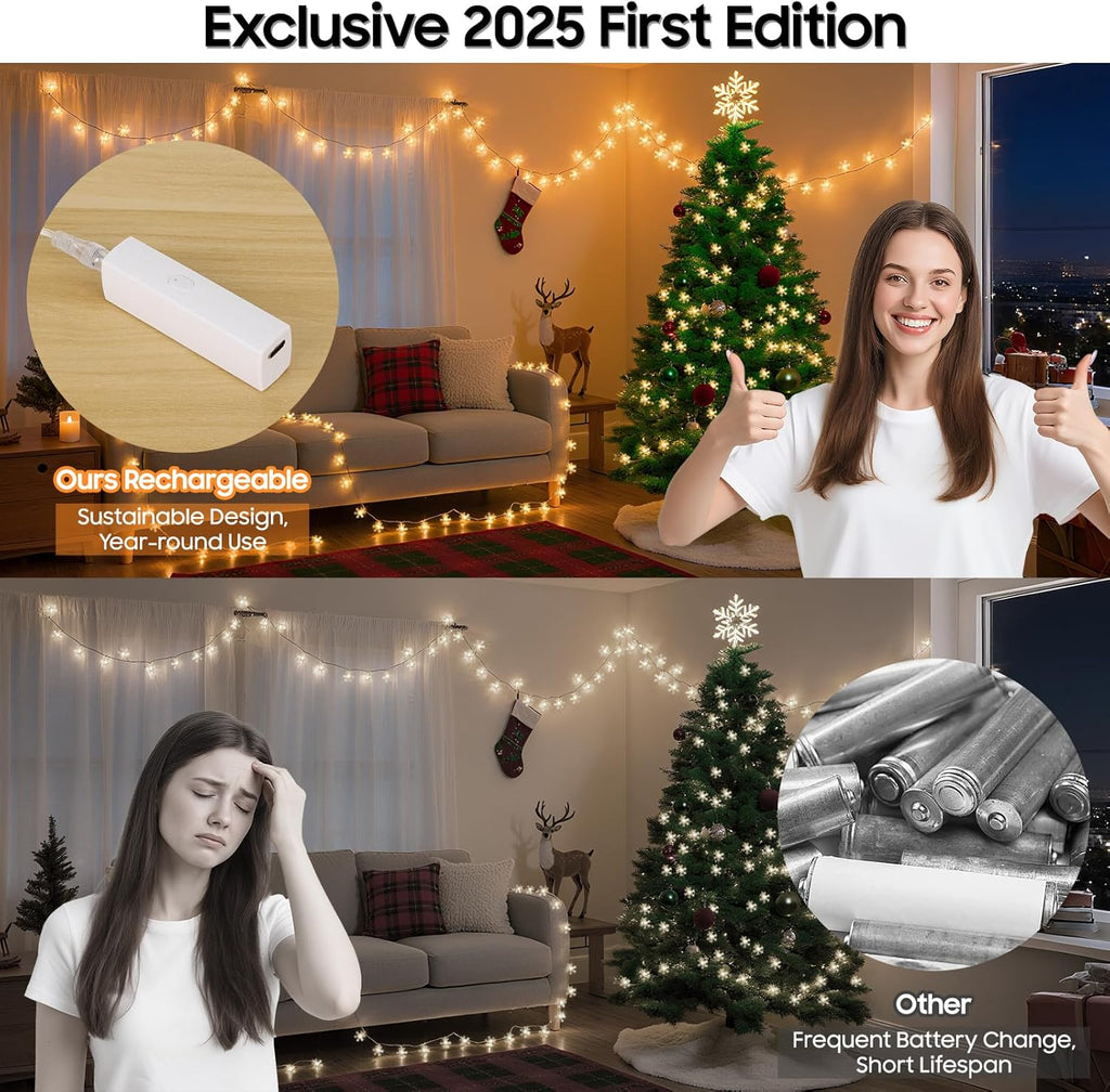 Snowflake Christmas Lights, 33FT 100 LED Rechargeable Fairy Lights Battery Operated, String Lights with 8 Modes & Timer, Twinkle Lights Indoor for Bedroom Party Home Xmas Tree Decoration Warm White